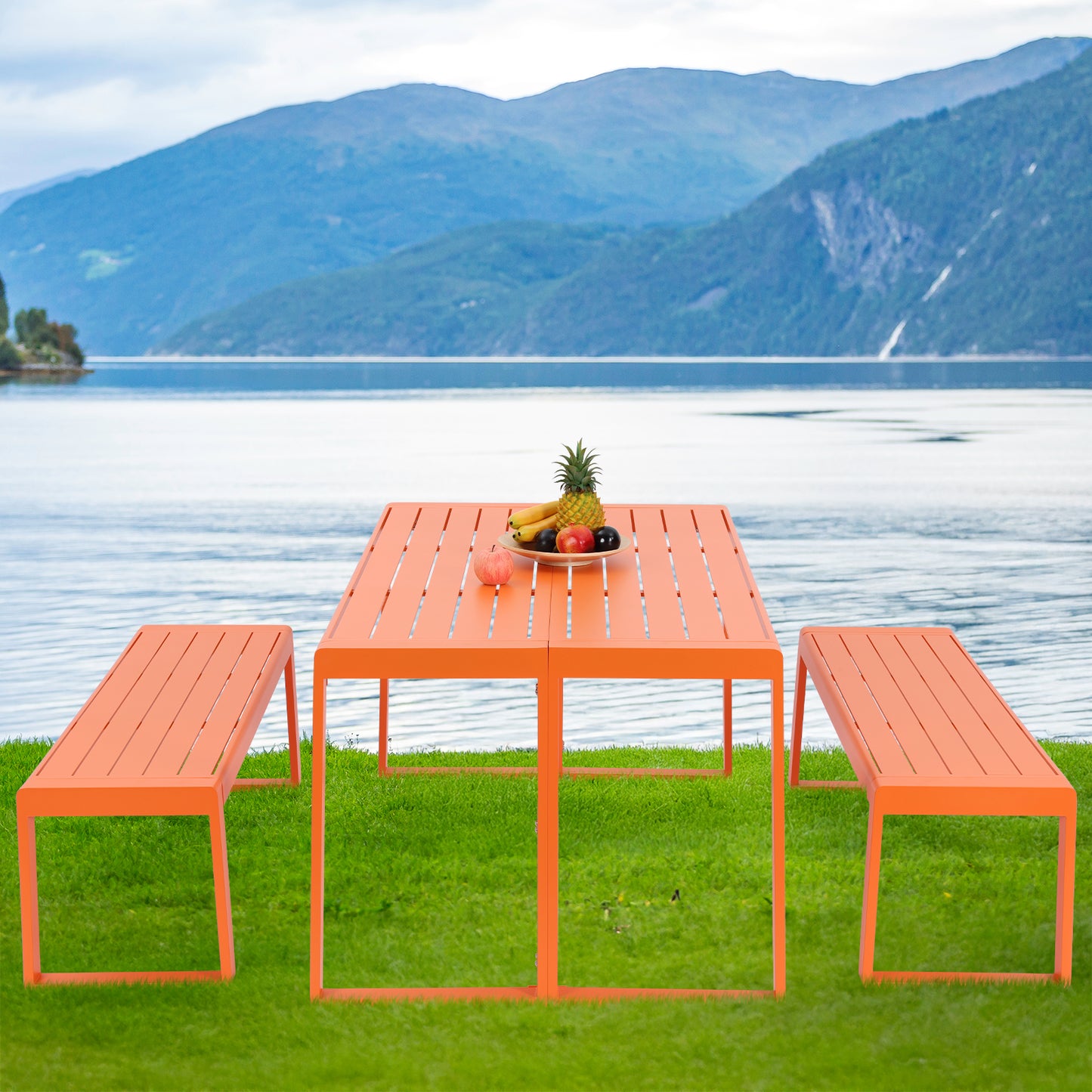Aoodor 3-Piece Outdoor Patio Aluminum Dining Set with 1 Rectangular Picnic Table and 2 Benches Orange