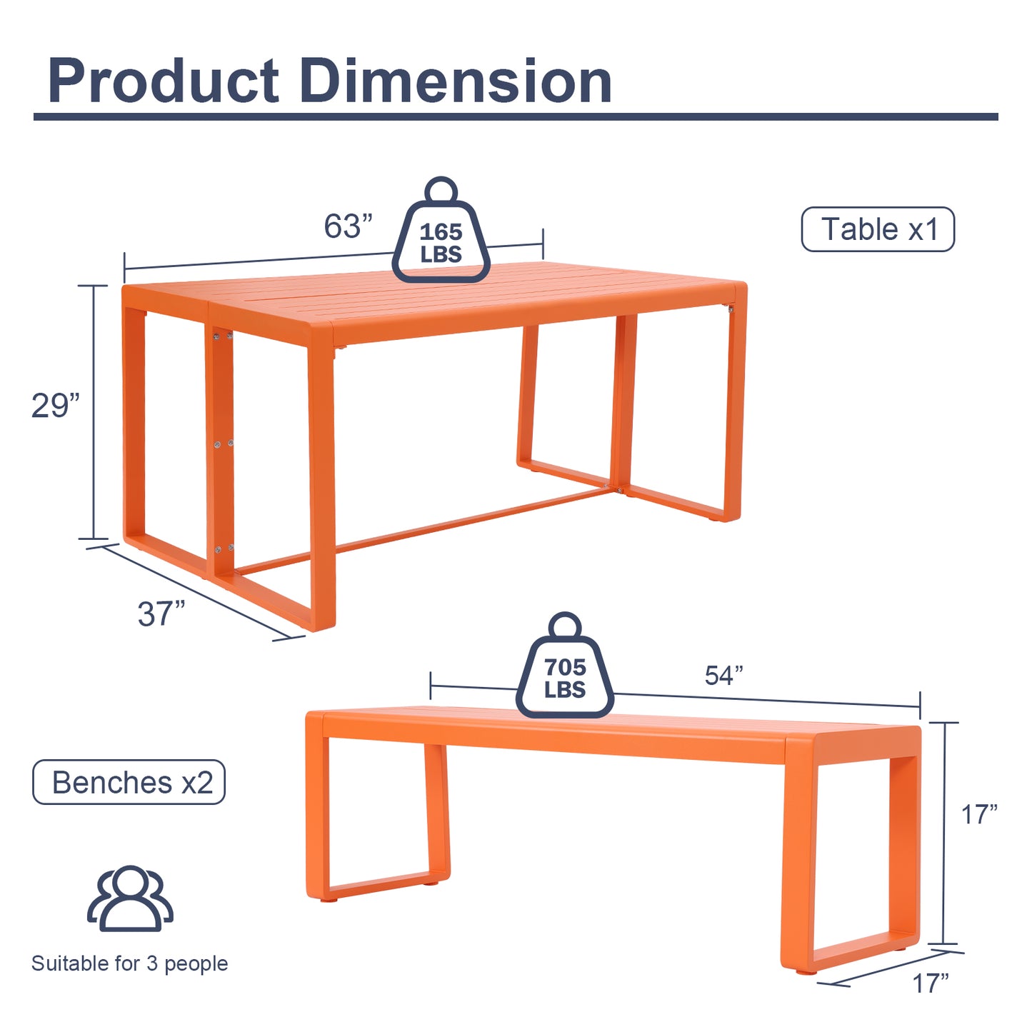 Aoodor 3-Piece Outdoor Patio Aluminum Dining Set with 1 Rectangular Picnic Table and 2 Benches Orange-product dimension
