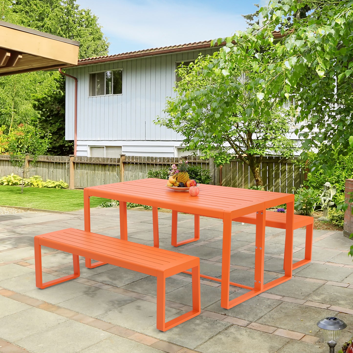 Aoodor 3-Piece Outdoor Patio Aluminum Dining Set with 1 Rectangular Picnic Table and 2 Benches Orange