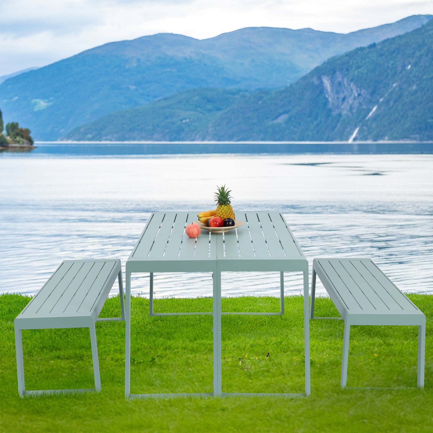 Aoodor 3-Piece Outdoor Patio Aluminum Dining Set with 1 Rectangular Picnic Table and 2 Benches Paleturquoise