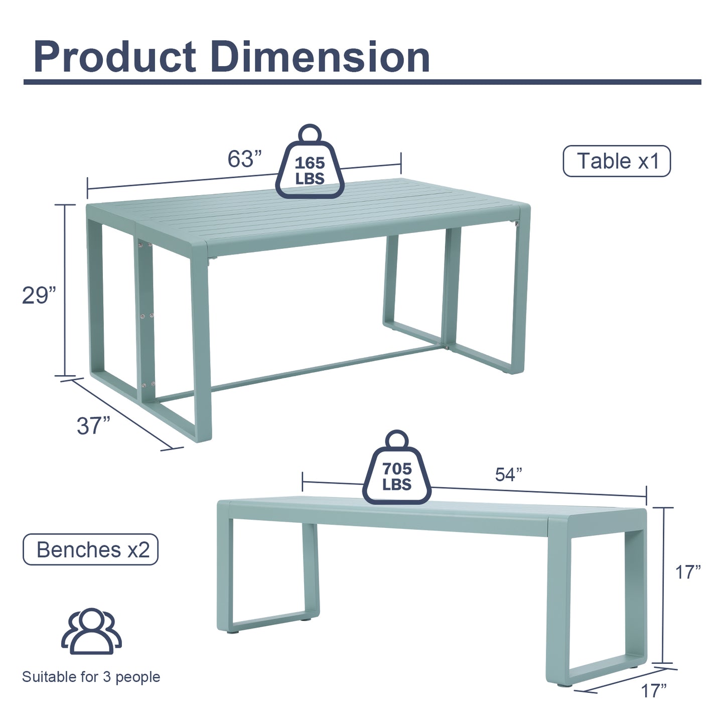 Aoodor 3-Piece Outdoor Patio Aluminum Dining Set with 1 Rectangular Picnic Table and 2 Benches Paleturquoise-product dimension