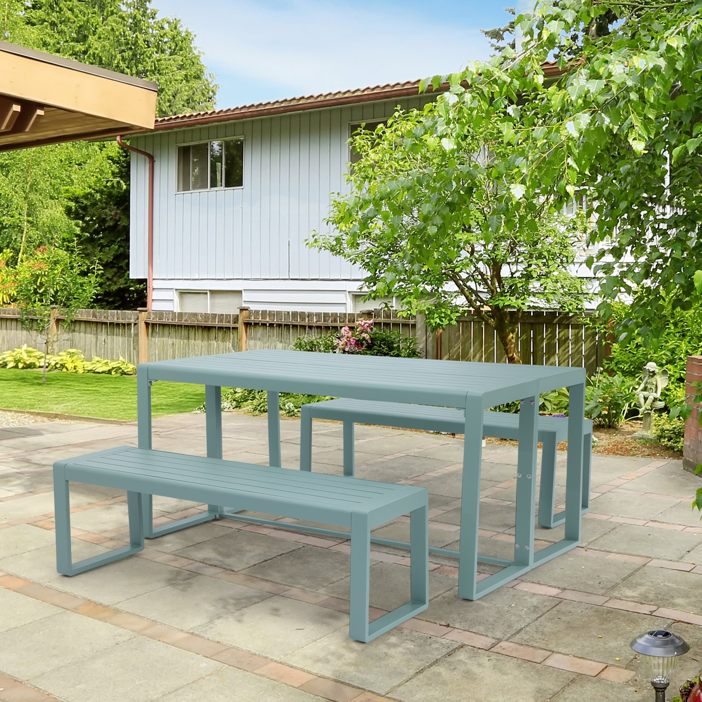 Aoodor 3-Piece Outdoor Patio Aluminum Dining Set with 1 Rectangular Picnic Table and 2 Benches Paleturquoise