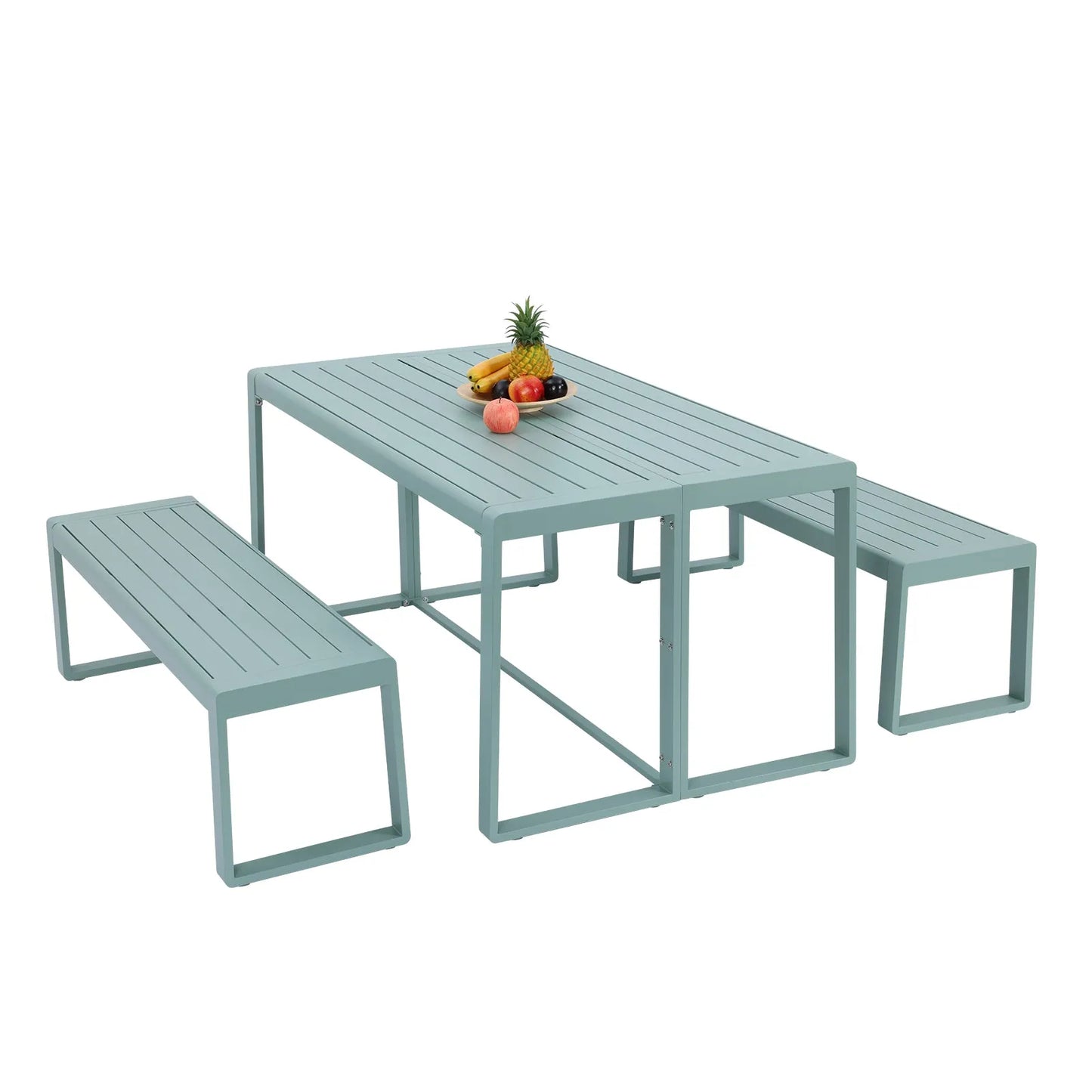 Aoodor 3-Piece Outdoor Patio Aluminum Dining Set with 1 Rectangular Picnic Table and 2 Benches Paleturquoise