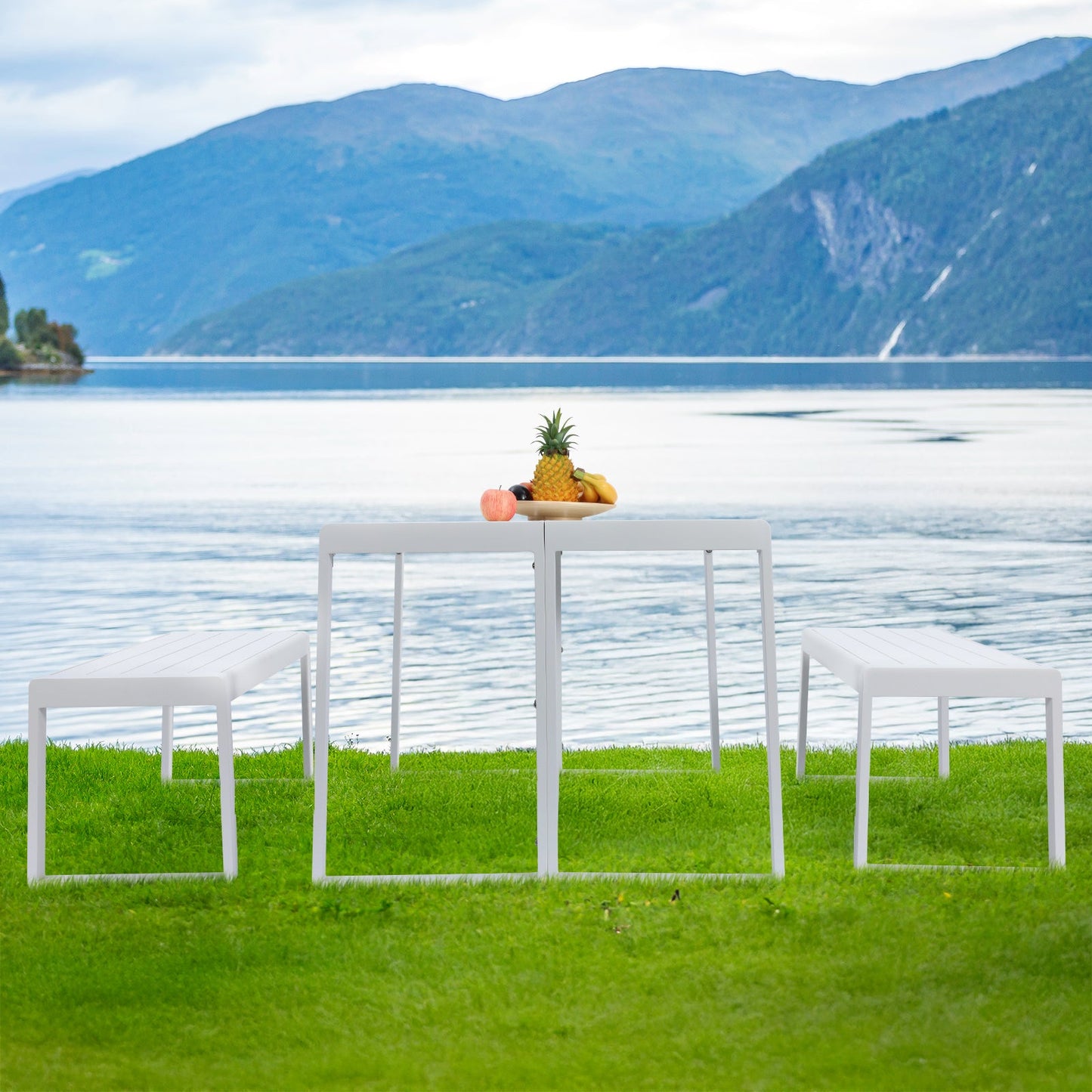 Aoodor 3-Piece Outdoor Patio Aluminum Dining Set with 1 Rectangular Picnic Table and 2 Benches White Aoodor