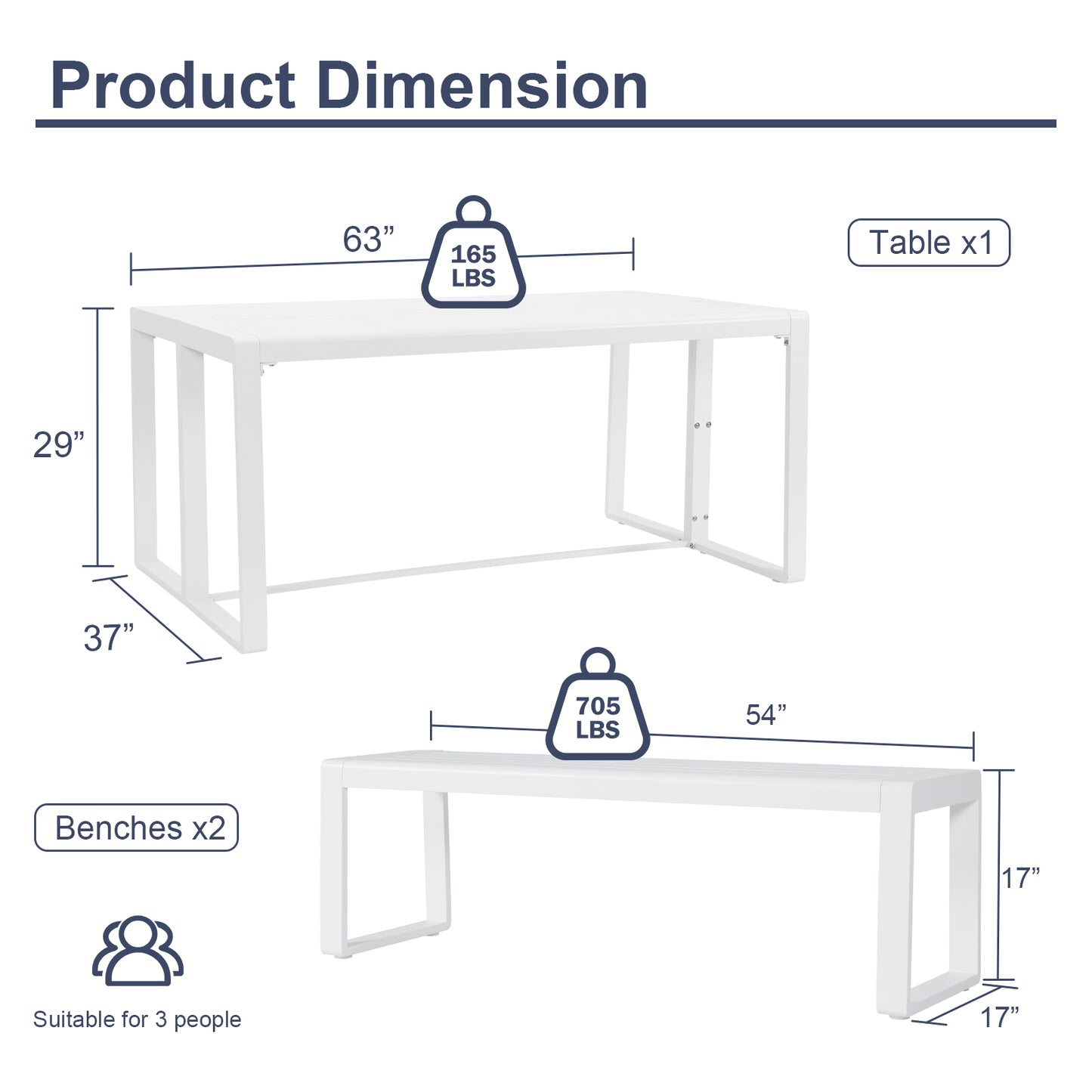 Aoodor 3-Piece Outdoor Patio Aluminum Dining Set with 1 Rectangular Picnic Table and 2 Benches White-product dimension