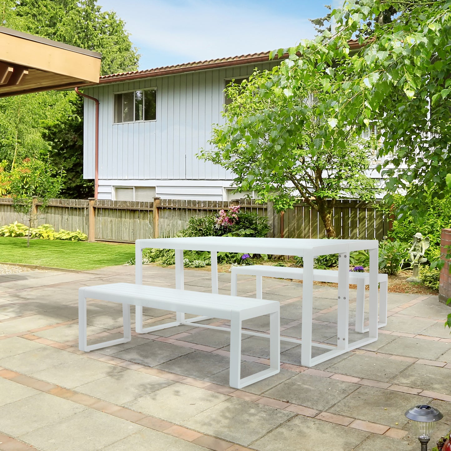 Aoodor 3-Piece Outdoor Patio Aluminum Dining Set with 1 Rectangular Picnic Table and 2 Benches White