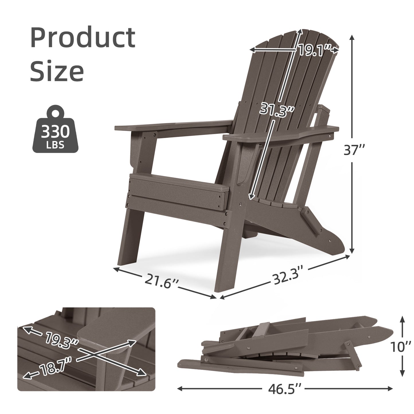 Aoodor Folding Adirondack Chair Drak Brown Product Size