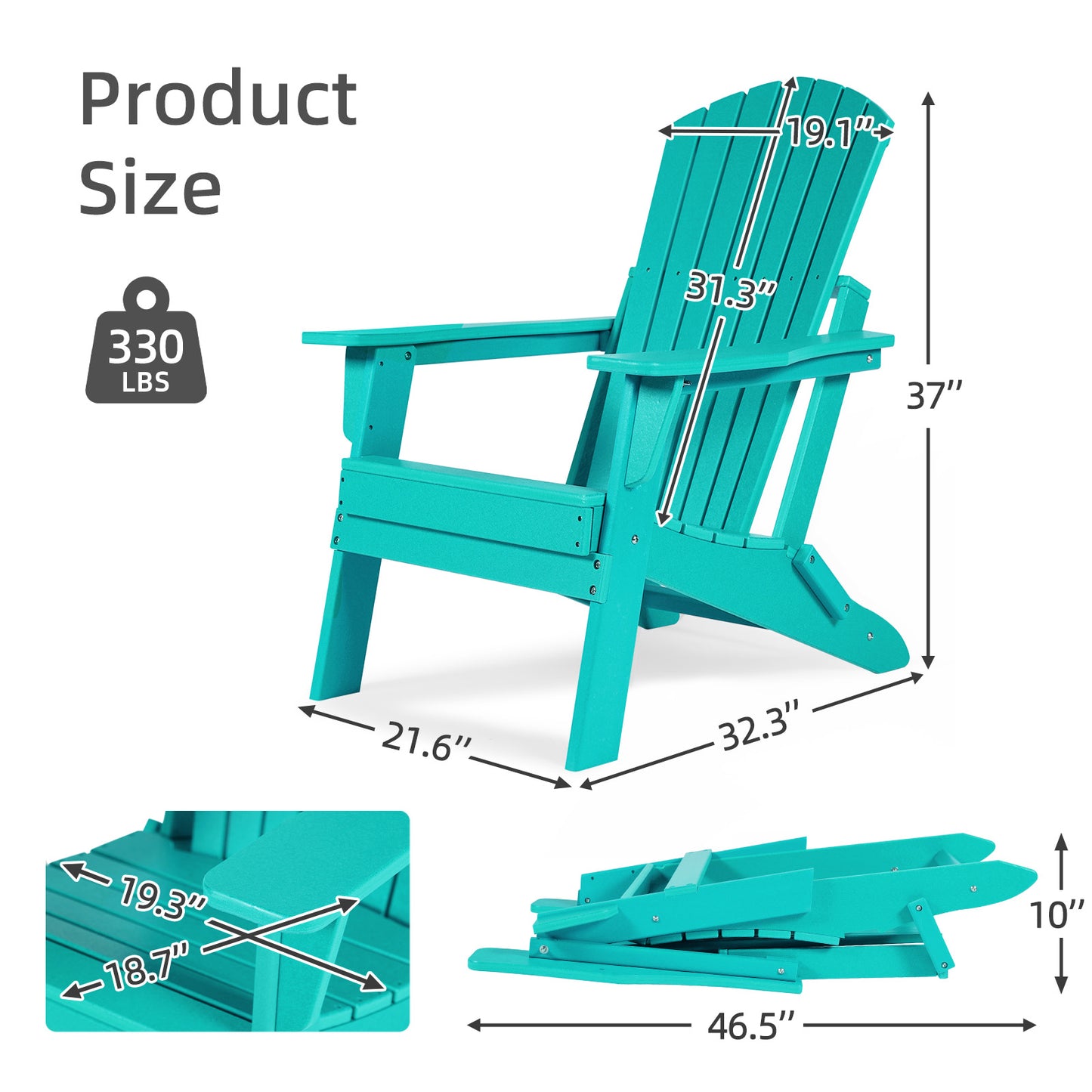 Aoodor Folding Adirondack Chair Lake Blue-product size