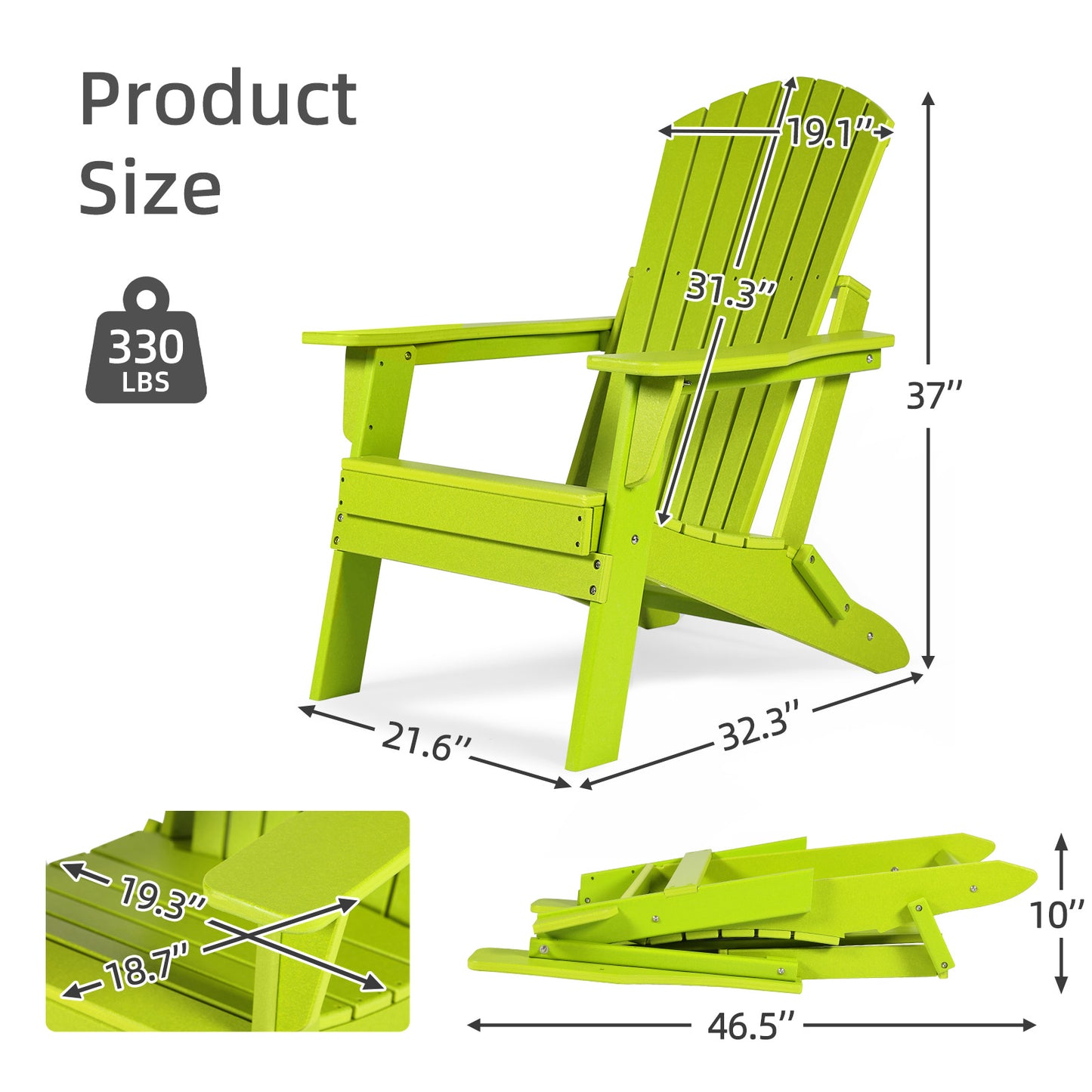 Aoodor Folding Adirondack Chair Lemon Green - Product Size