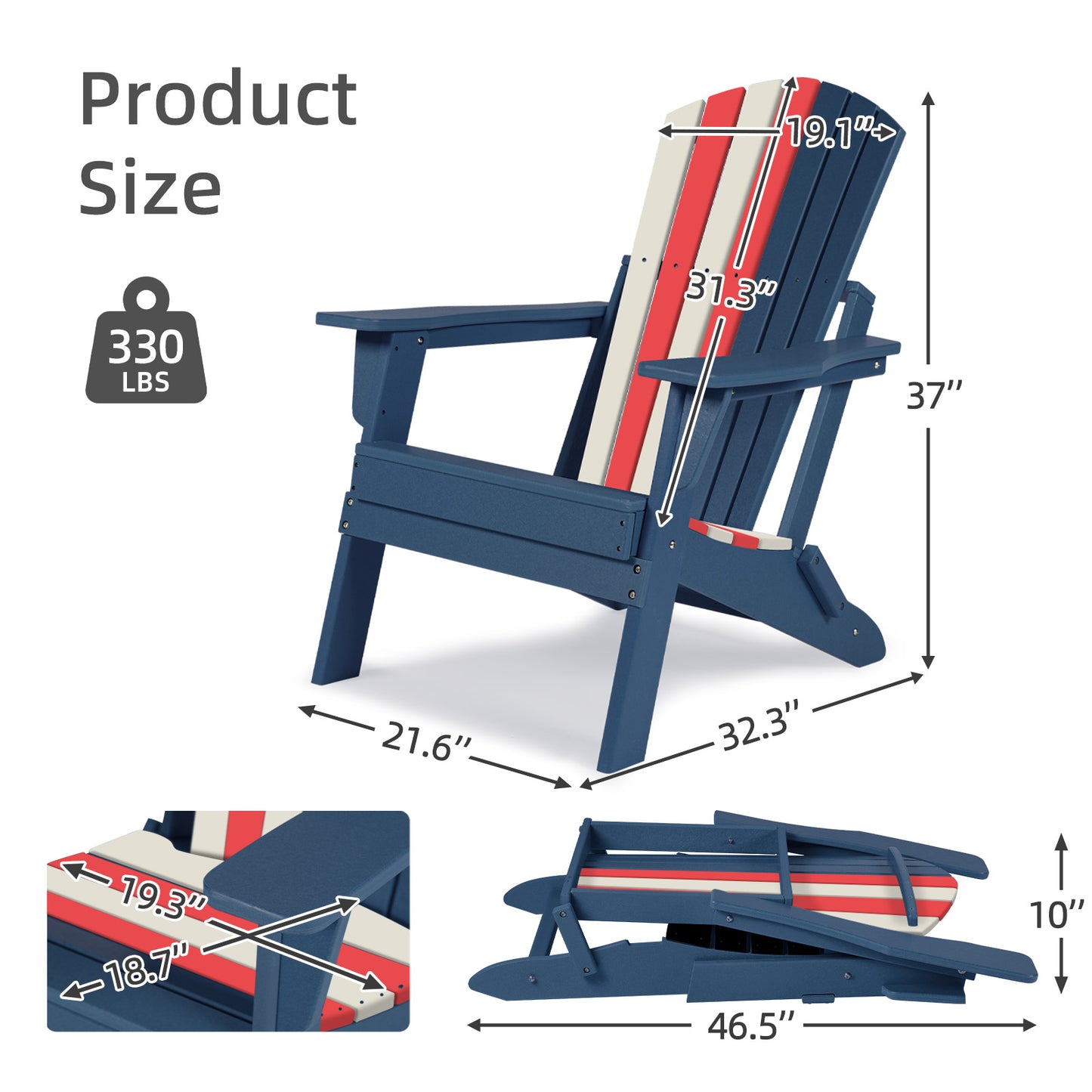 Aoodor Folding Adirondack Chair Nation Flag - Product Size