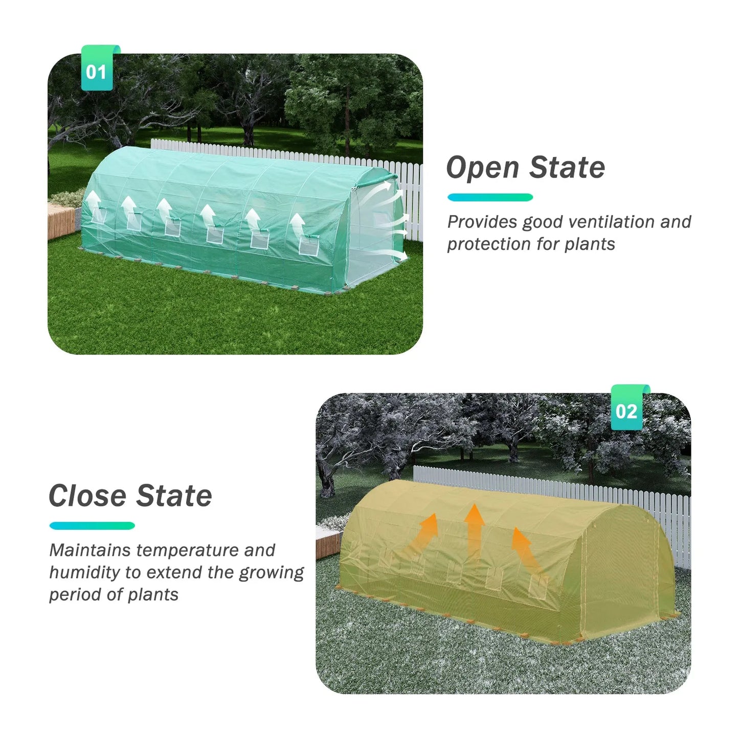 Aoodor Greenhouse Replacement Cover 20'X10'X7' Large Walk in Tunnel Outdoor Plant Gardening Greenhouse Spare Parts Cover (Frame NOT Included) Open & Close State