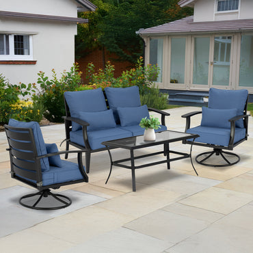 Aoodor Patio Deep Chair Cushion, 2 Back 2 Seater 2 Pillow, Navy Blue