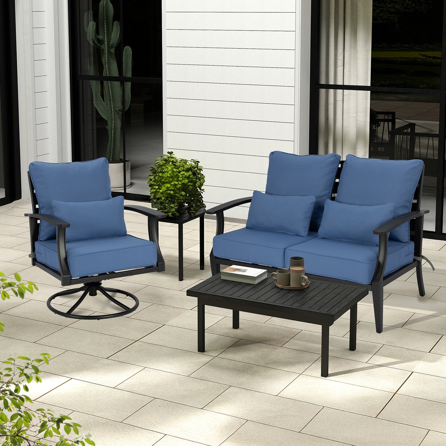 Aoodor Patio Deep Chair Cushion, 2 Back 2 Seater 2 Pillow, Navy Blue