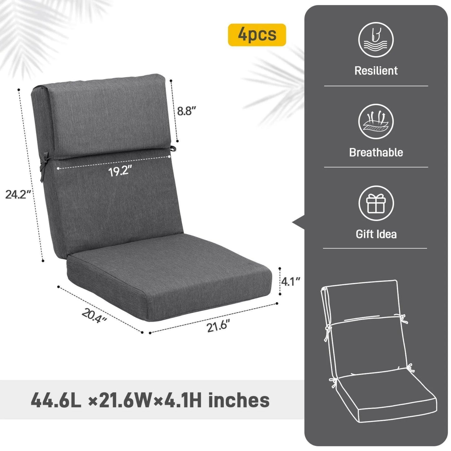 High Back Chair Cushions Set of 4, UV-Protected & Water-Resistant, 45 x 22 x 4 Inches Aoodor