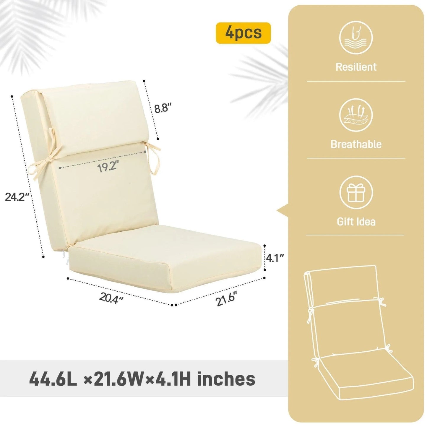 High Back Chair Cushions Set of 4, UV-Protected & Water-Resistant, 45 x 22 x 4 Inches Lightyellow Size Guide Aoodor Aoodor
