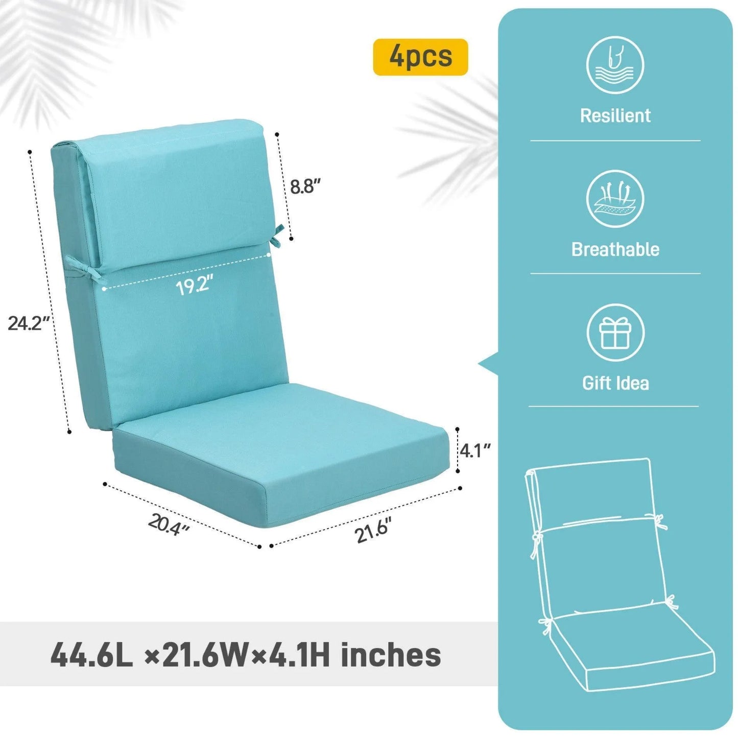 High Back Chair Cushions Set of 4, UV-Protected & Water-Resistant, 45 x 22 x 4 Inches Blue Size Aoodor
