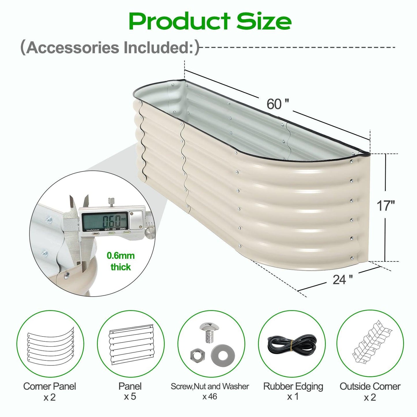 Metal raised garden Bed - 60'' x 24'' x 17''(H)- Beige Aoodor