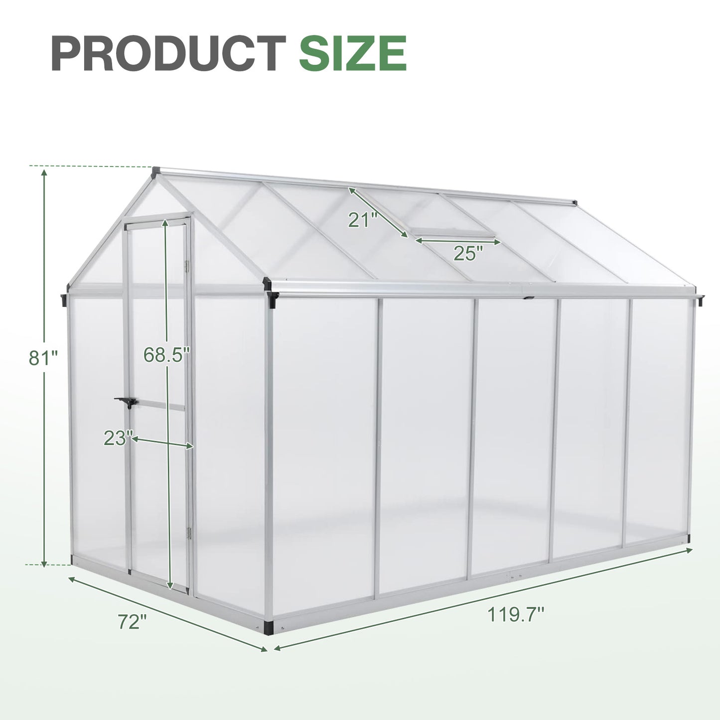 6x8/6x10 ft. Walk-in Polycarbonate Greenhouse with Roof Vent and Door lock