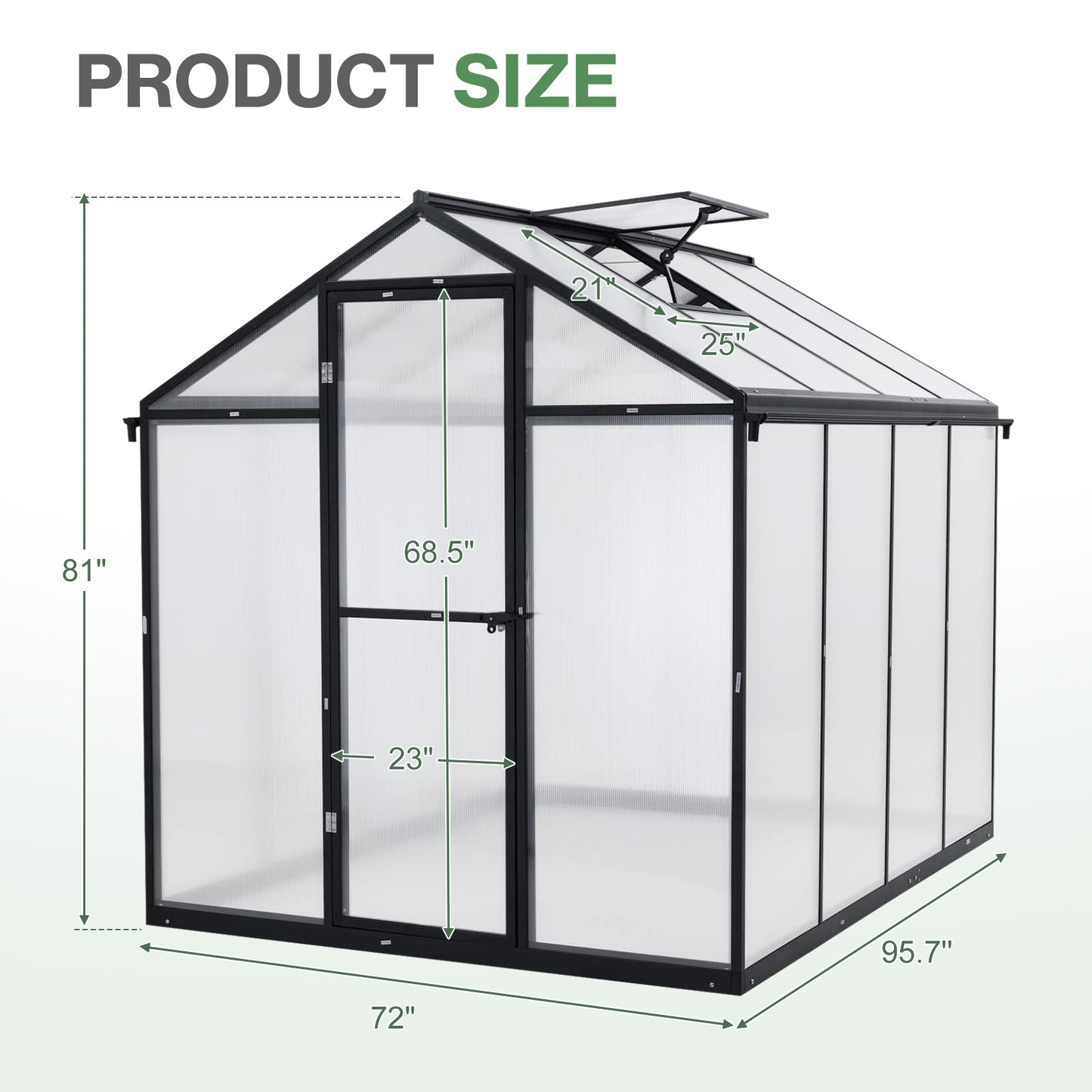 6x8/6x10 ft. Walk-in Polycarbonate Greenhouse with Roof Vent and Door lock