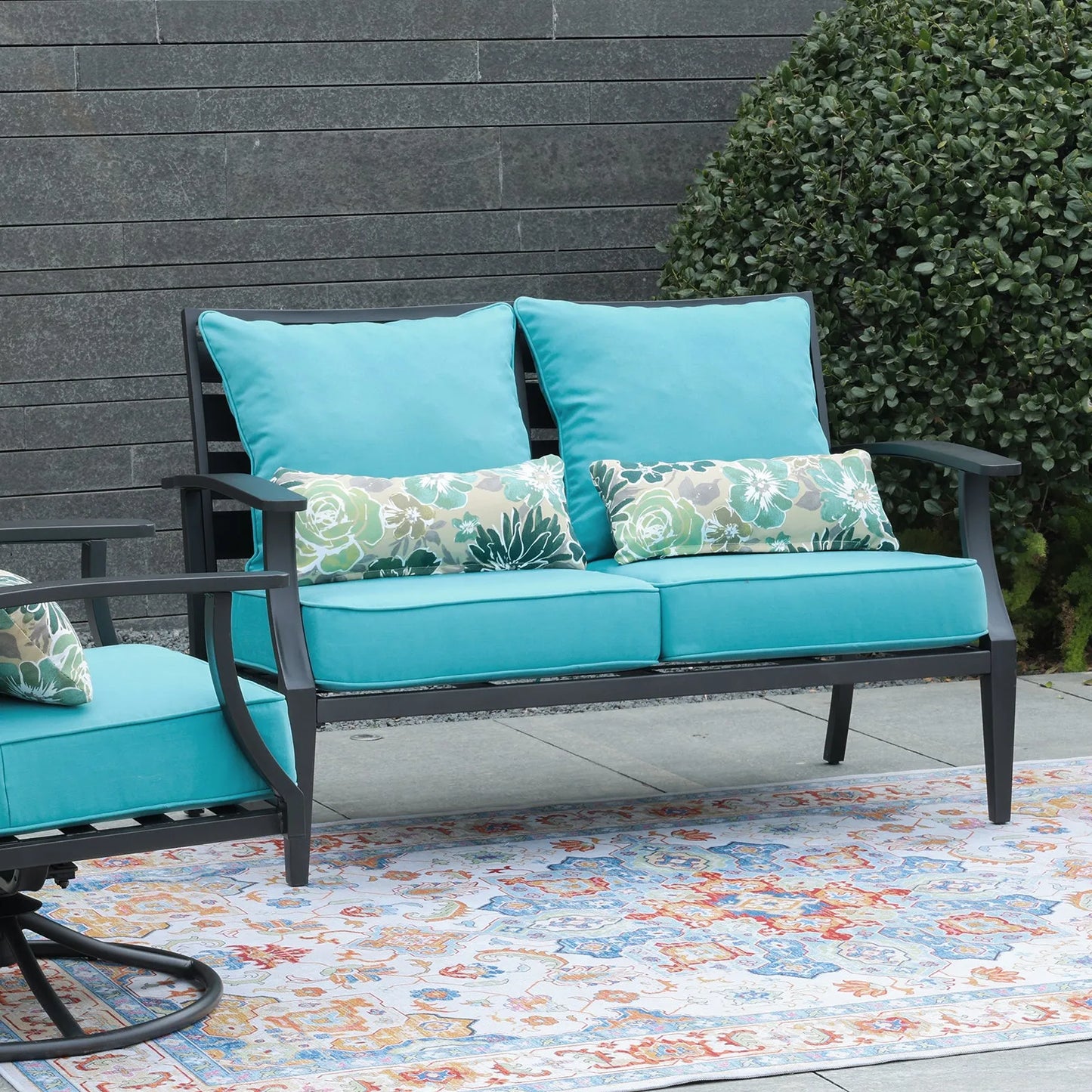 Patio Deep Chair Cushion, 2 Back 2 Seater 2 Pillow, Blue Aoodor