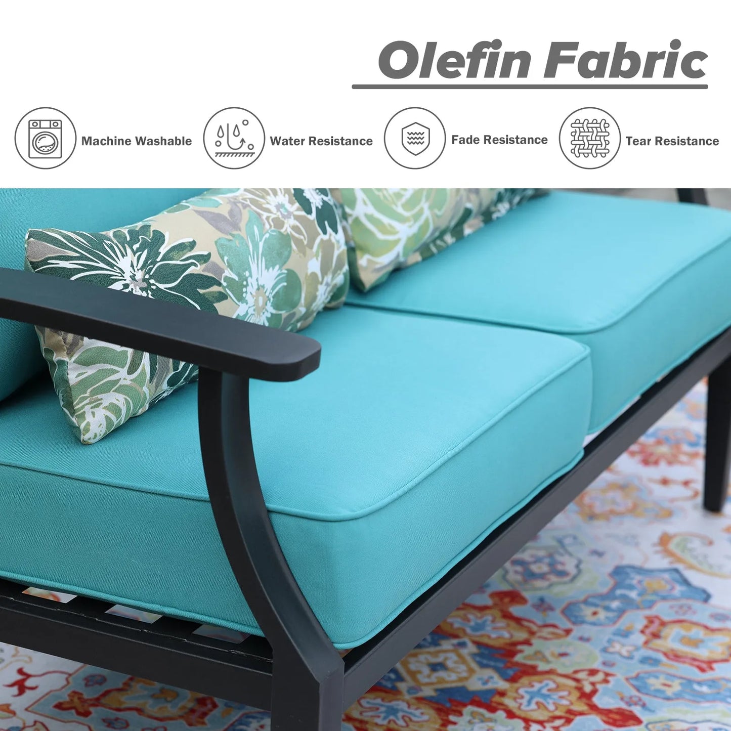 Patio Deep Chair Cushion, 2 Back 2 Seater 2 Pillow, Blue Aoodor Olefin Fabric