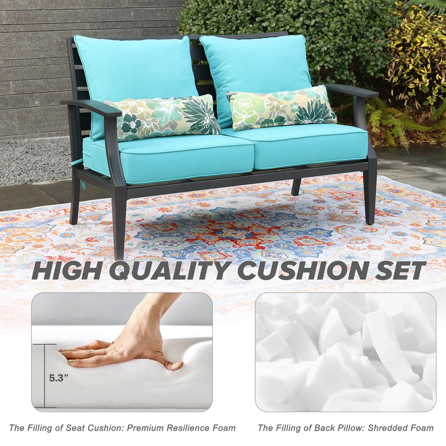 Patio Deep Chair Cushion, 2 Back 2 Seater 2 Pillow, Blue Aoodor High Quality Cushion Set