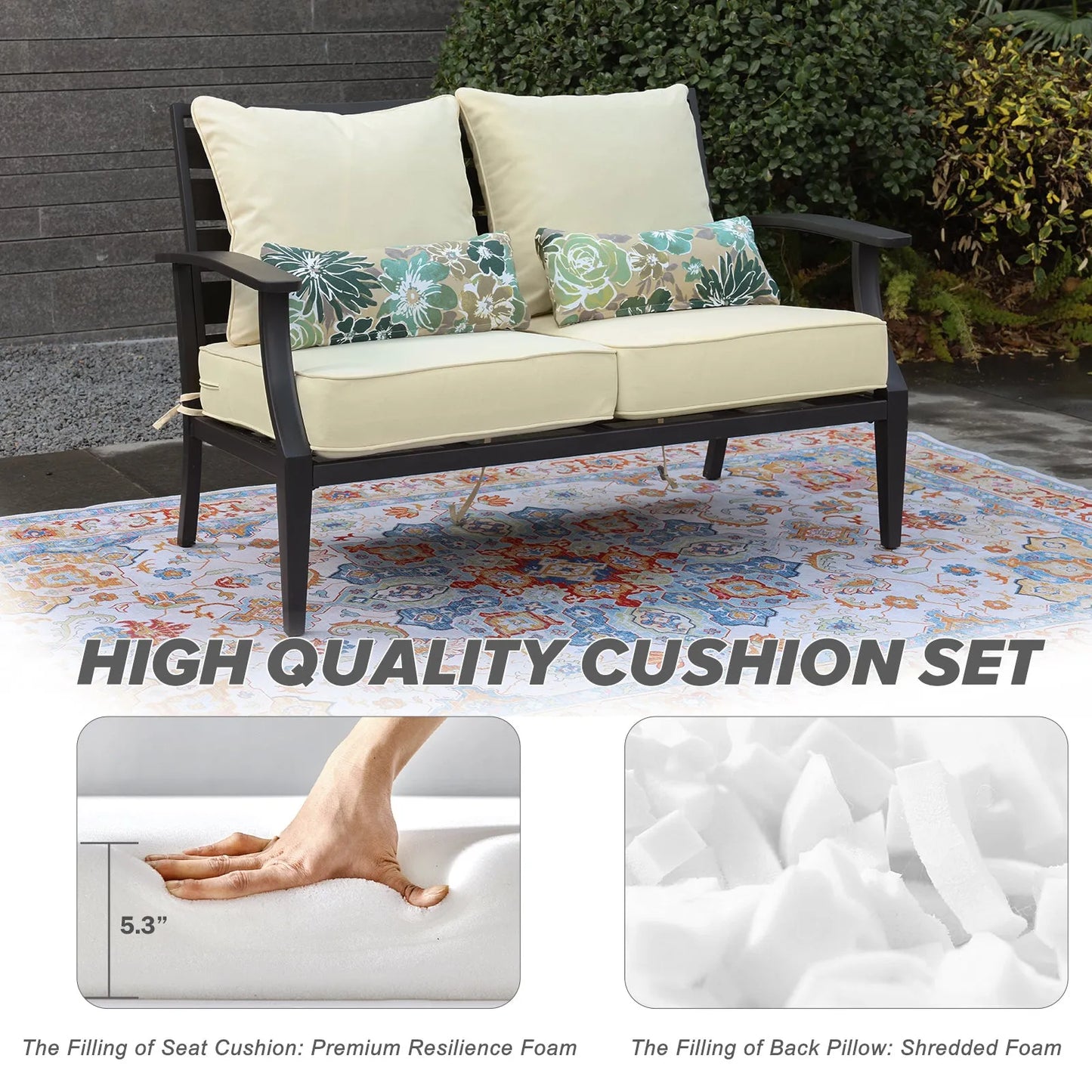 Patio Deep Chair Cushion, 2 Back 2 Seater 2 Pillow, Cream Yellow Aoodor High Quality Cushion Set