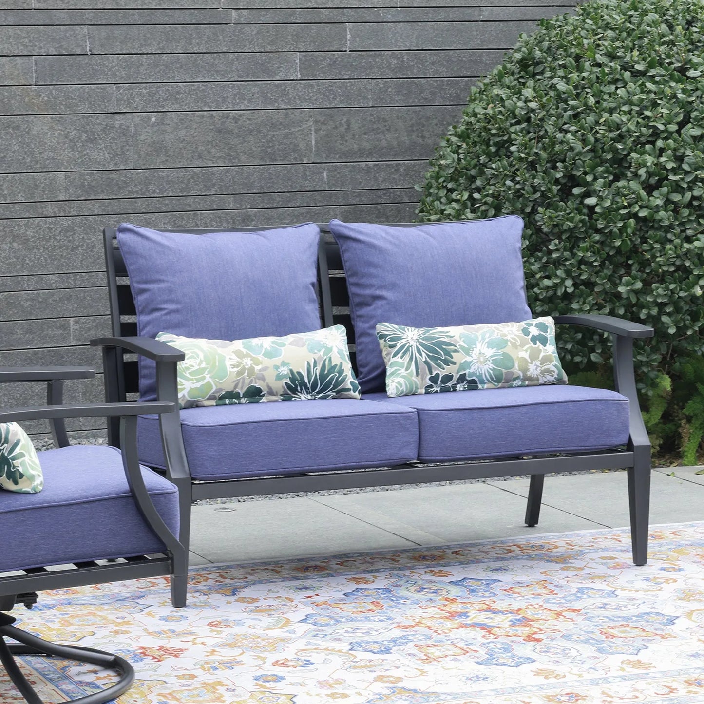Patio Deep Chair Cushion, 2 Back 2 Seater 2 Pillow, Dark Blue