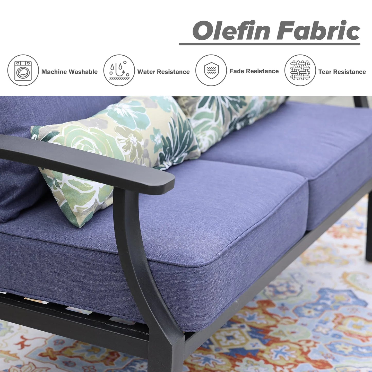 Patio Deep Chair Cushion, 2 Back 2 Seater 2 Pillow, Dark Blue Olefin Fabric