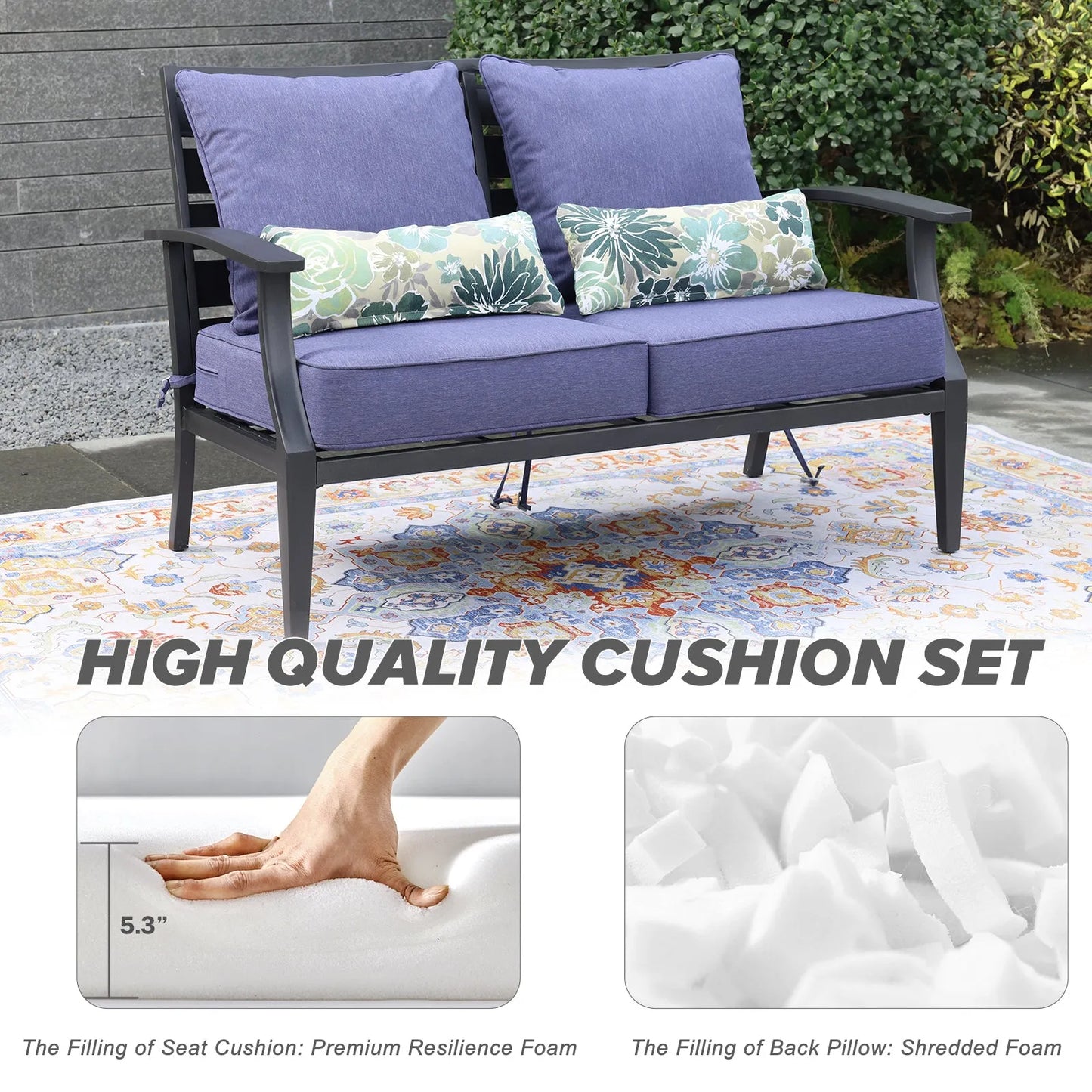Patio Deep Chair Cushion, 2 Back 2 Seater 2 Pillow, Dark Blue High Quality Cushion Set