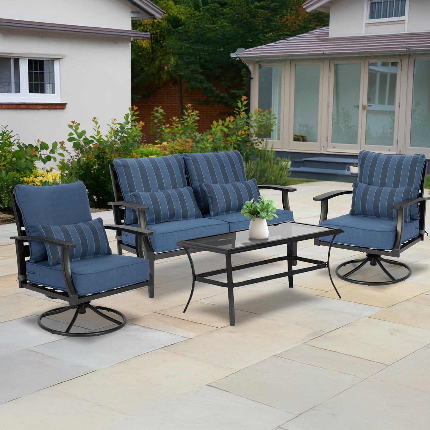 Patio Deep Chair Cushion, 2 Back 2 Seater 2 Pillow, Dark Blue Stripe