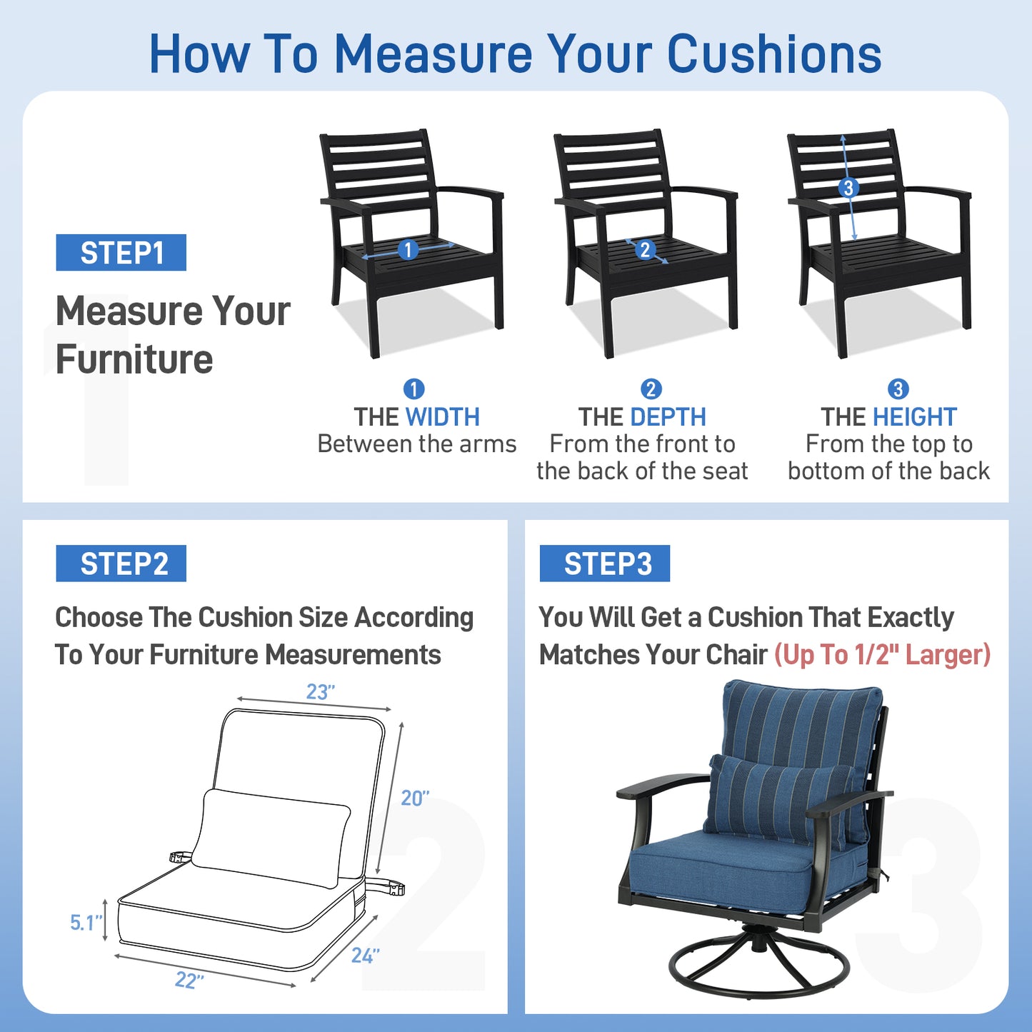 Patio Deep Chair Cushion, 2 Back 2 Seater 2 Pillow, Dark Blue Stripe