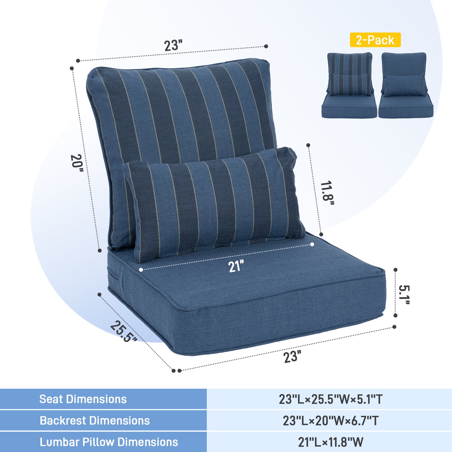 Patio Deep Chair Cushion, 2 Back 2 Seater 2 Pillow, Dark Blue Stripe-23"x25.5"