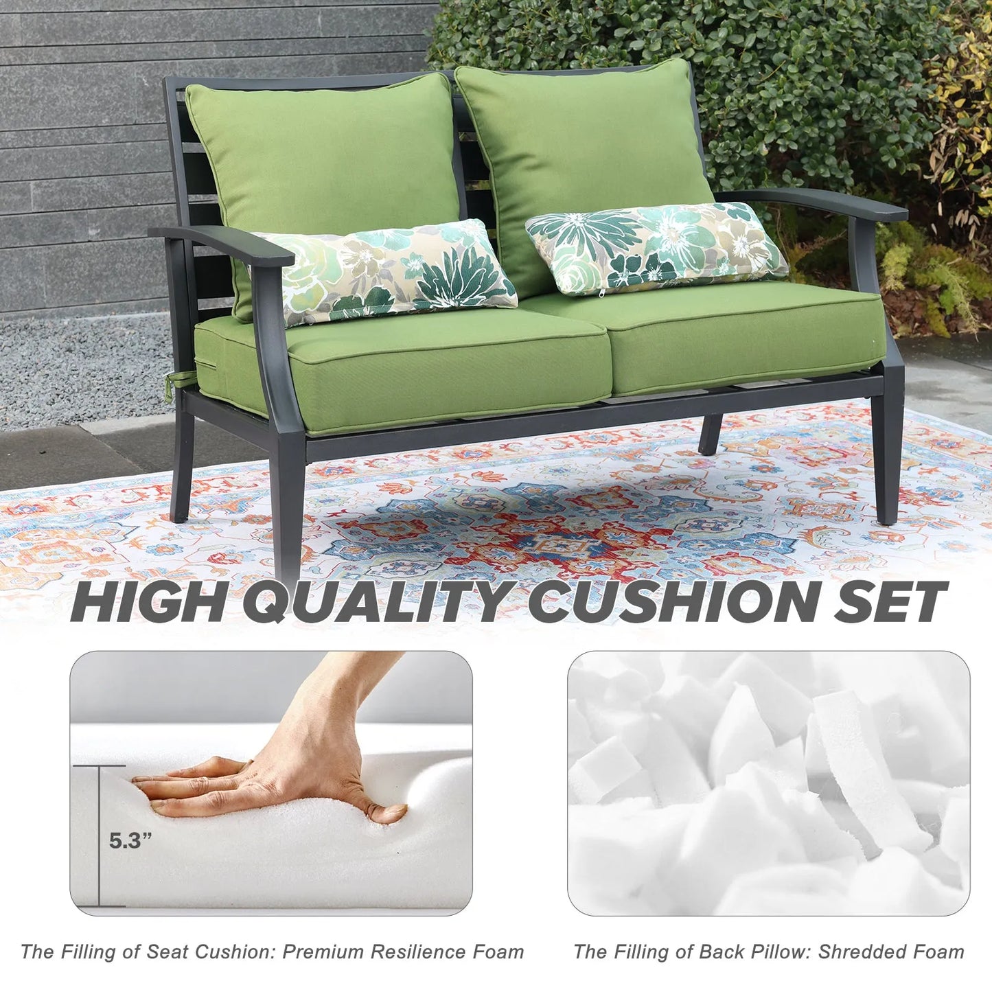 Patio Deep Chair Cushion, 2 Back 2 Seater 2 Pillow, Green Aoodor High Quality Cushion Set