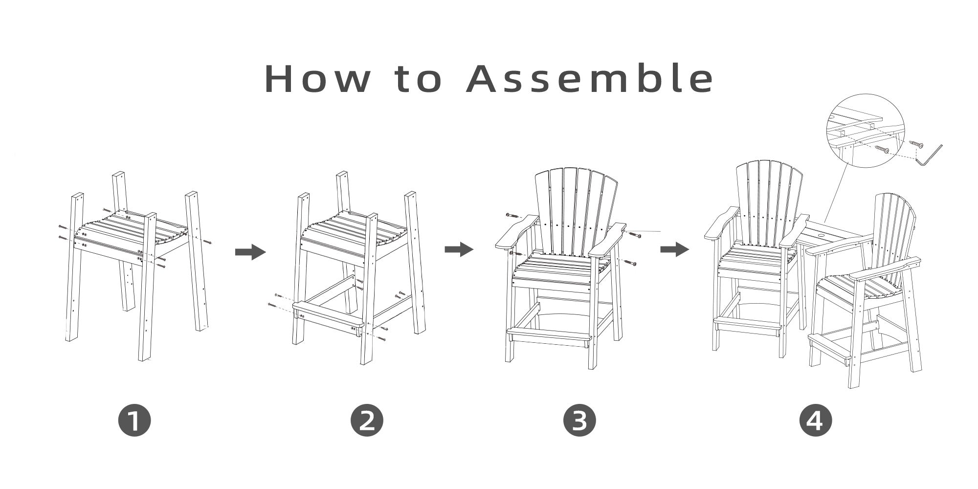 Tall Adirondack Chairs Set of 2,HDPE Patio Bar Stool with Connecting Tray - how to assemble