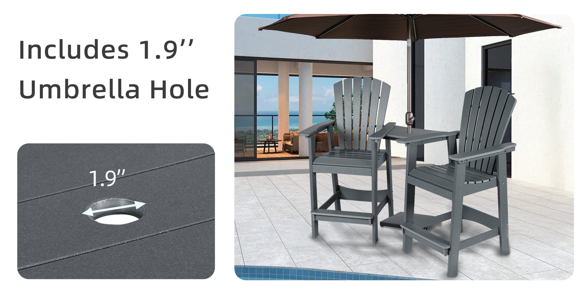 Tall Adirondack Chairs Set of 2,HDPE Patio Bar Stool with Connecting Tray - Includes 1.9" Umbrella Hole