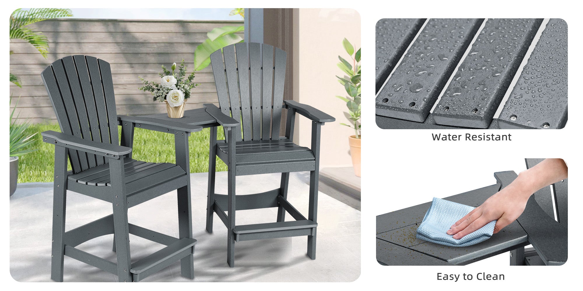 Tall Adirondack Chairs Set of 2,HDPE Patio Bar Stool with Connecting Tray - Water resistant & Easy to Clean
