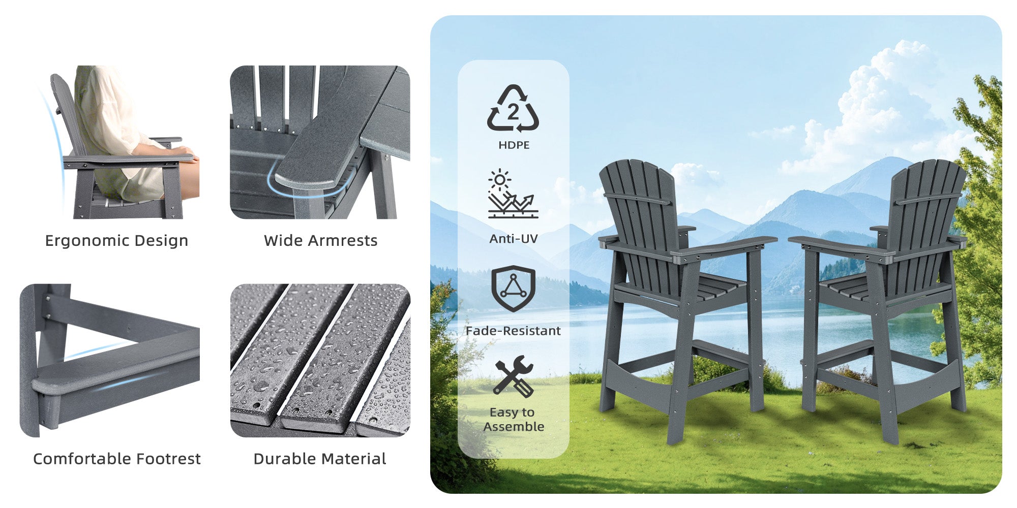Tall Adirondack Chairs Set of 2,HDPE Patio Bar Stool with Connecting Tray more details