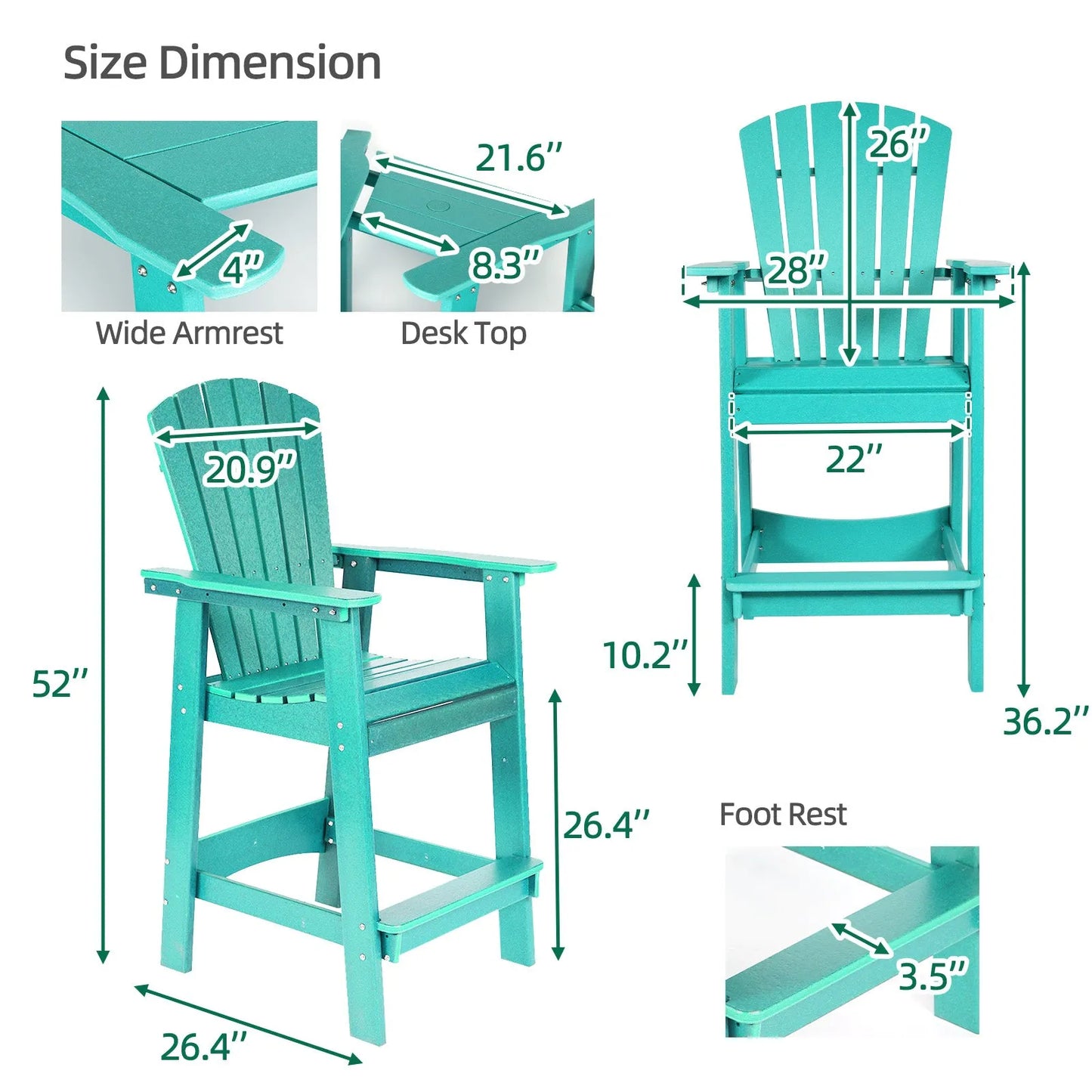 Tall Adirondack Chairs Set of 2,HDPE Patio Bar Stool with Connecting Tray Aoodor Cyan Size Dimension