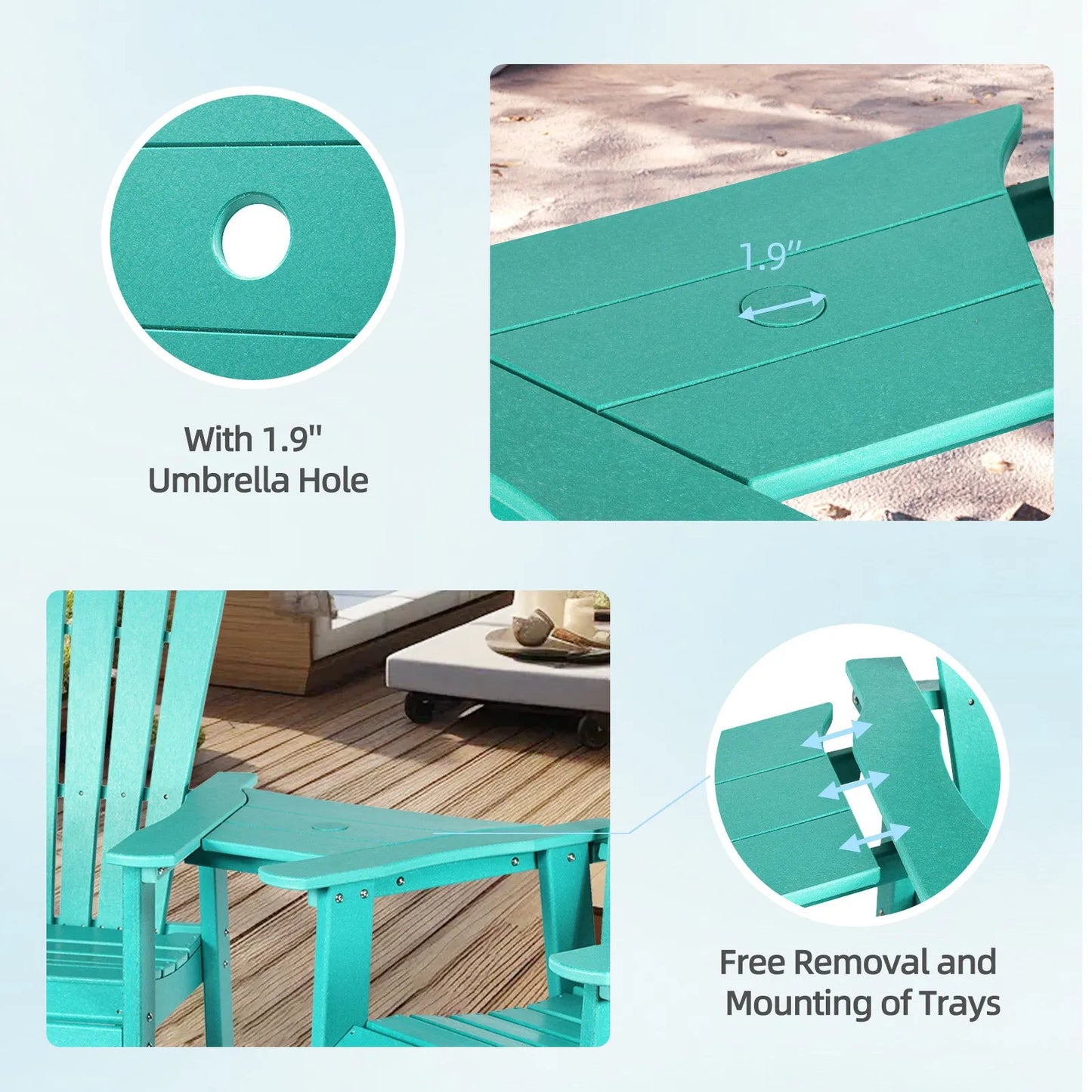 Tall Adirondack Chairs Set of 2,HDPE Patio Bar Stool with Connecting Tray Aoodor Cyan