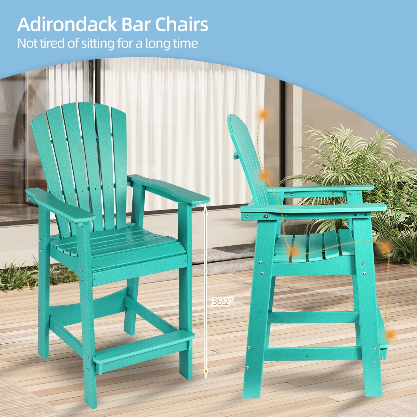 Tall Adirondack Chairs Set of 2,HDPE Patio Bar Stool with Connecting Tray Aoodor Cyan
