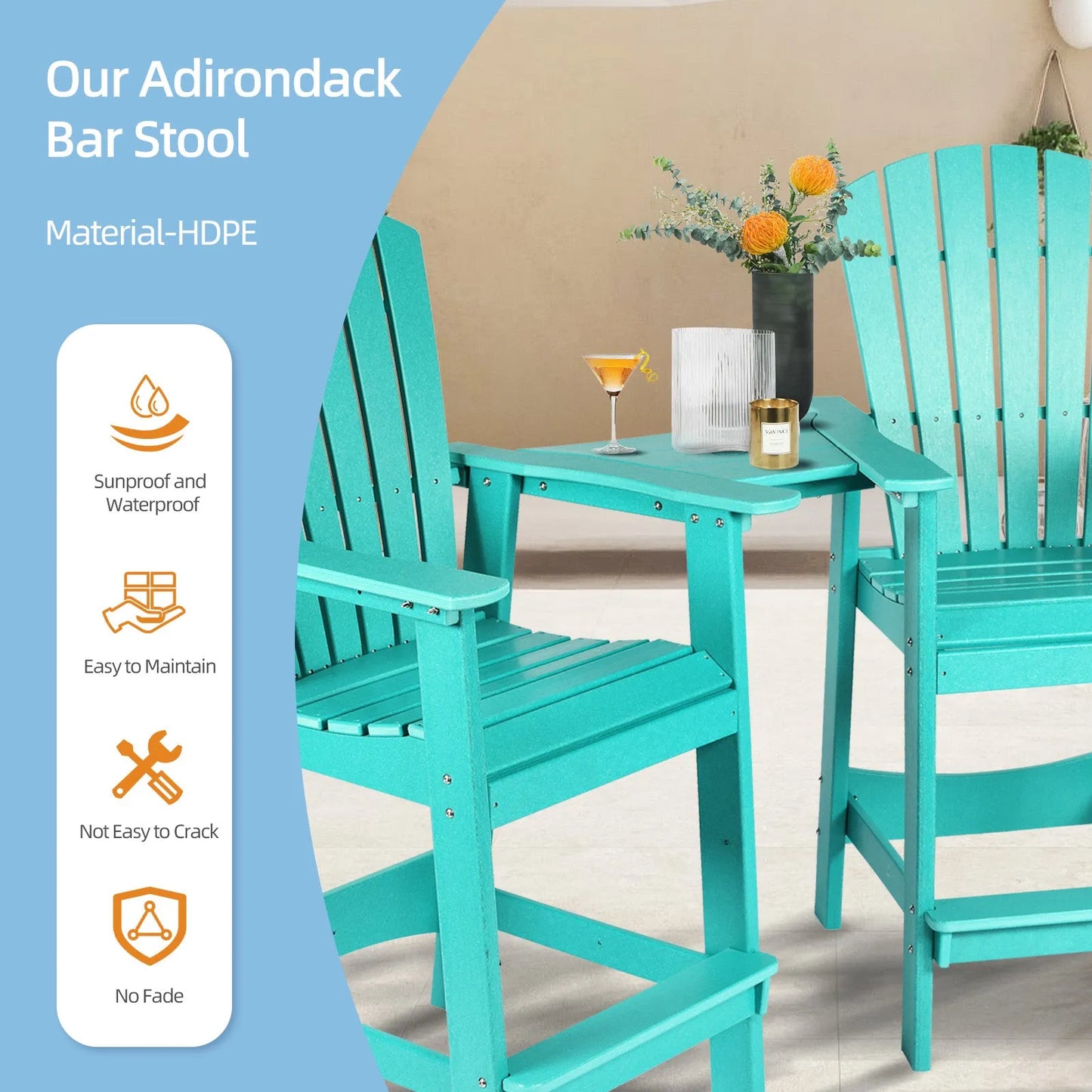 Tall Adirondack Chairs Set of 2,HDPE Patio Bar Stool with Connecting Tray Aoodor Cyan