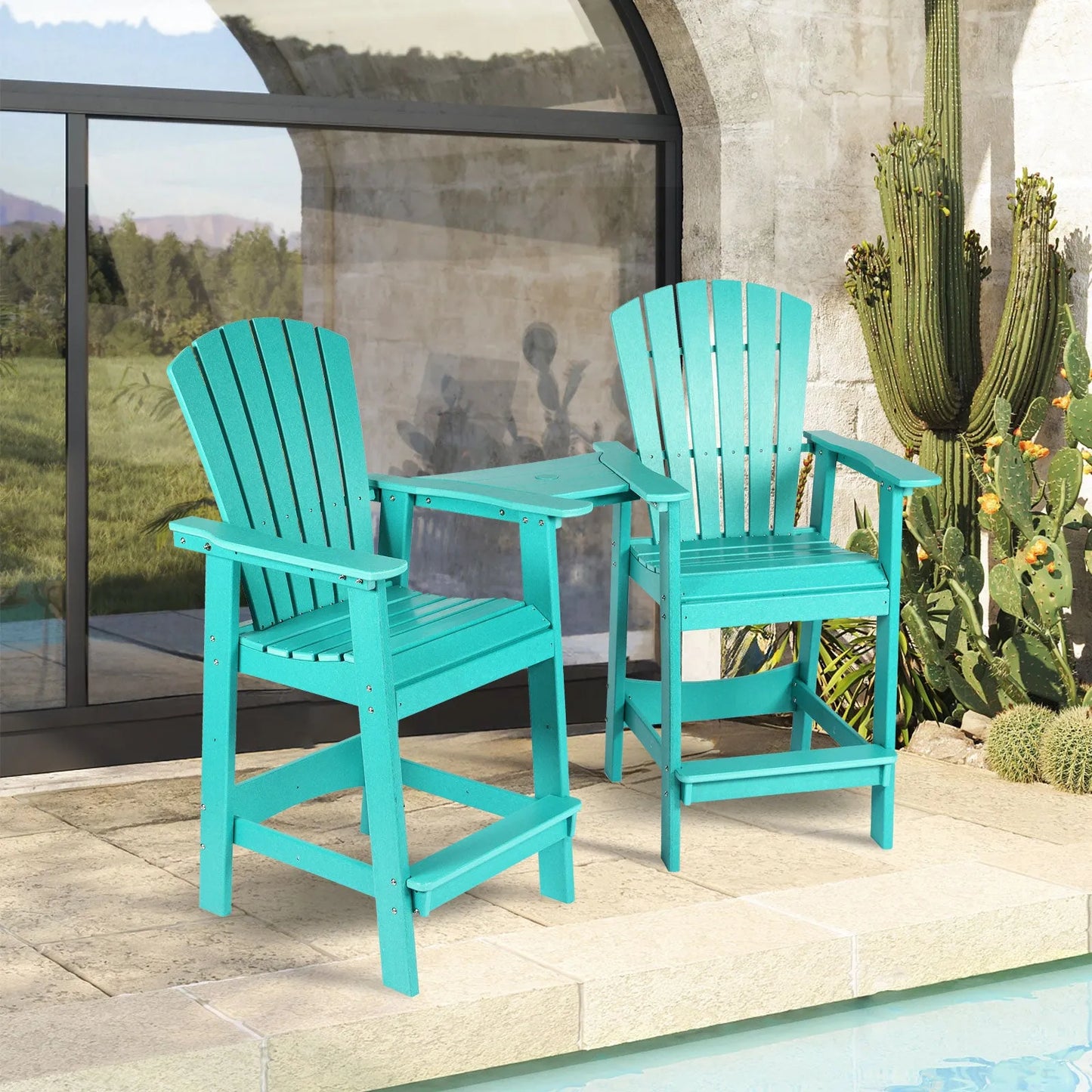 Tall Adirondack Chairs Set of 2,HDPE Patio Bar Stool with Connecting Tray Aoodor Cyan