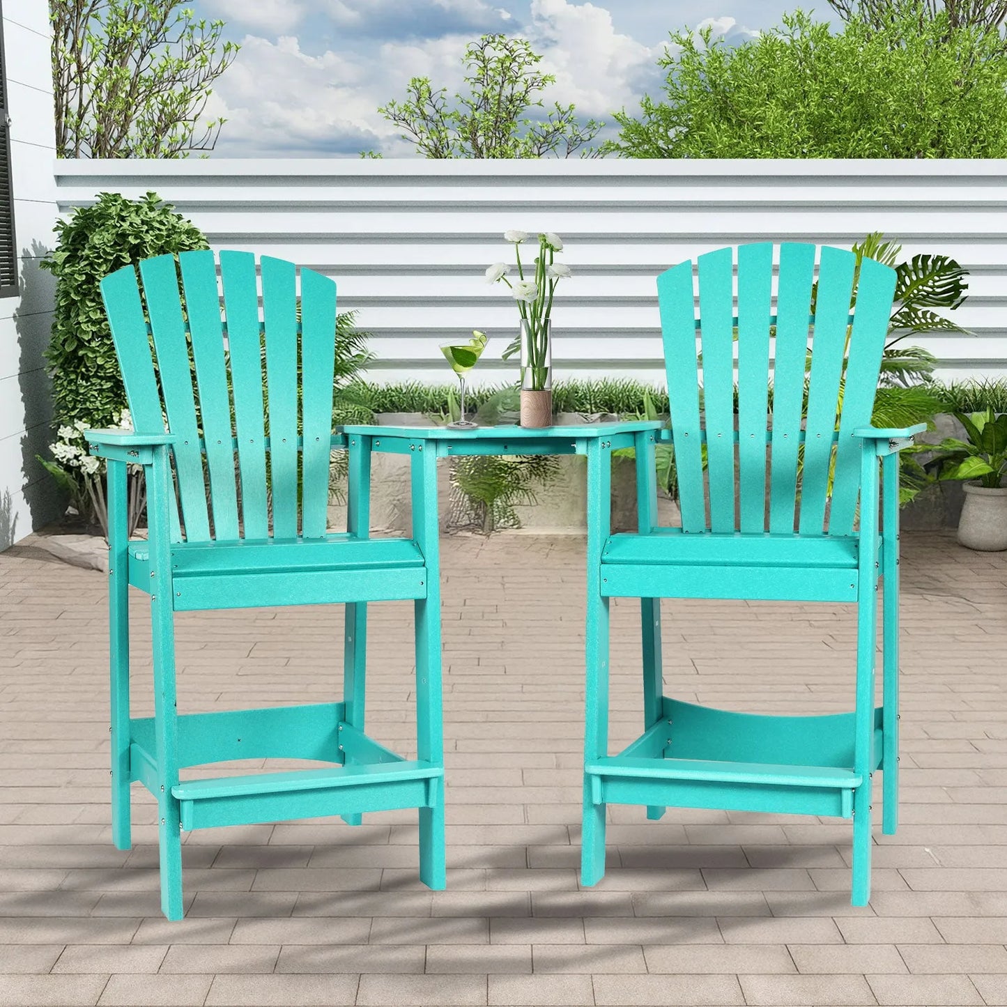 Tall Adirondack Chairs Set of 2,HDPE Patio Bar Stool with Connecting Tray Aoodor Cyan