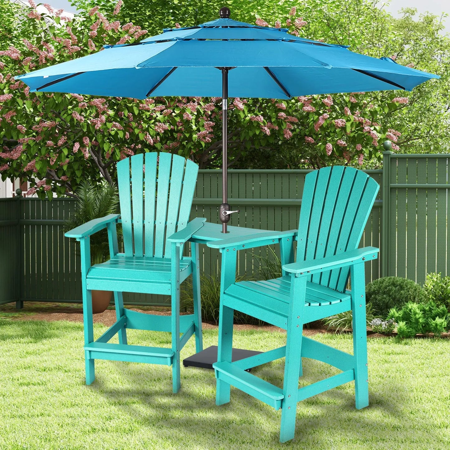 Tall Adirondack Chairs Set of 2,HDPE Patio Bar Stool with Connecting Tray Aoodor Cyan
