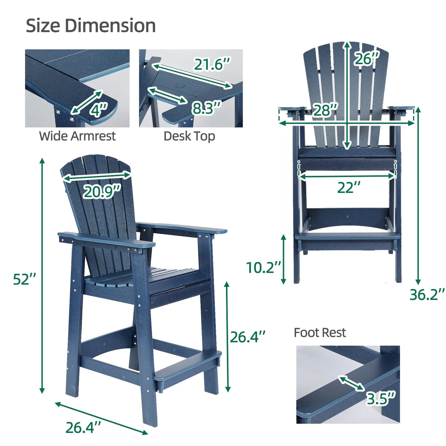 Tall Adirondack Chairs Set of 2,HDPE Patio Bar Stool with Connecting Tray Aoodor Dark Blue Size Dimension