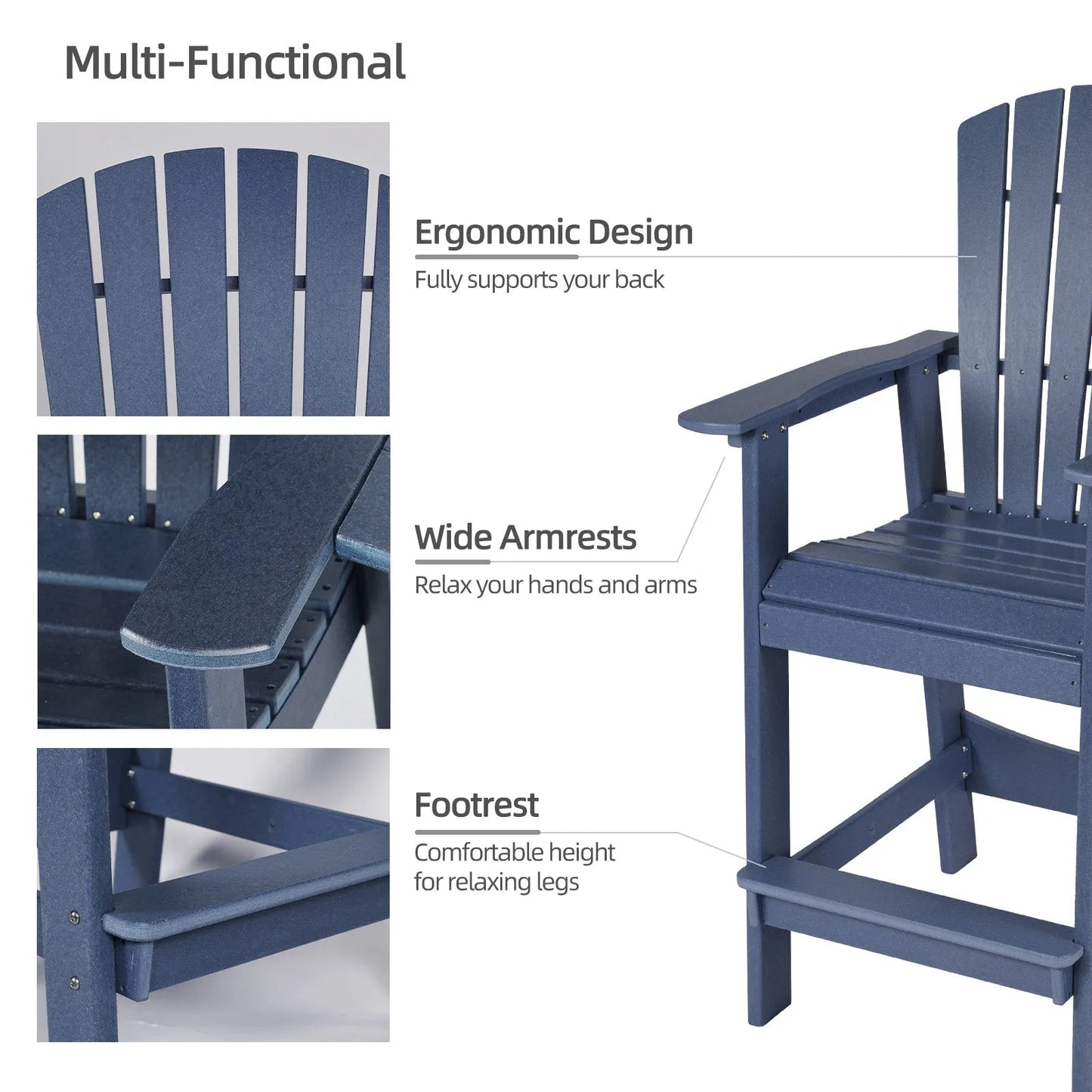 Tall Adirondack Chairs Set of 2,HDPE Patio Bar Stool with Connecting Tray Aoodor Dark Blue Multi-Functional