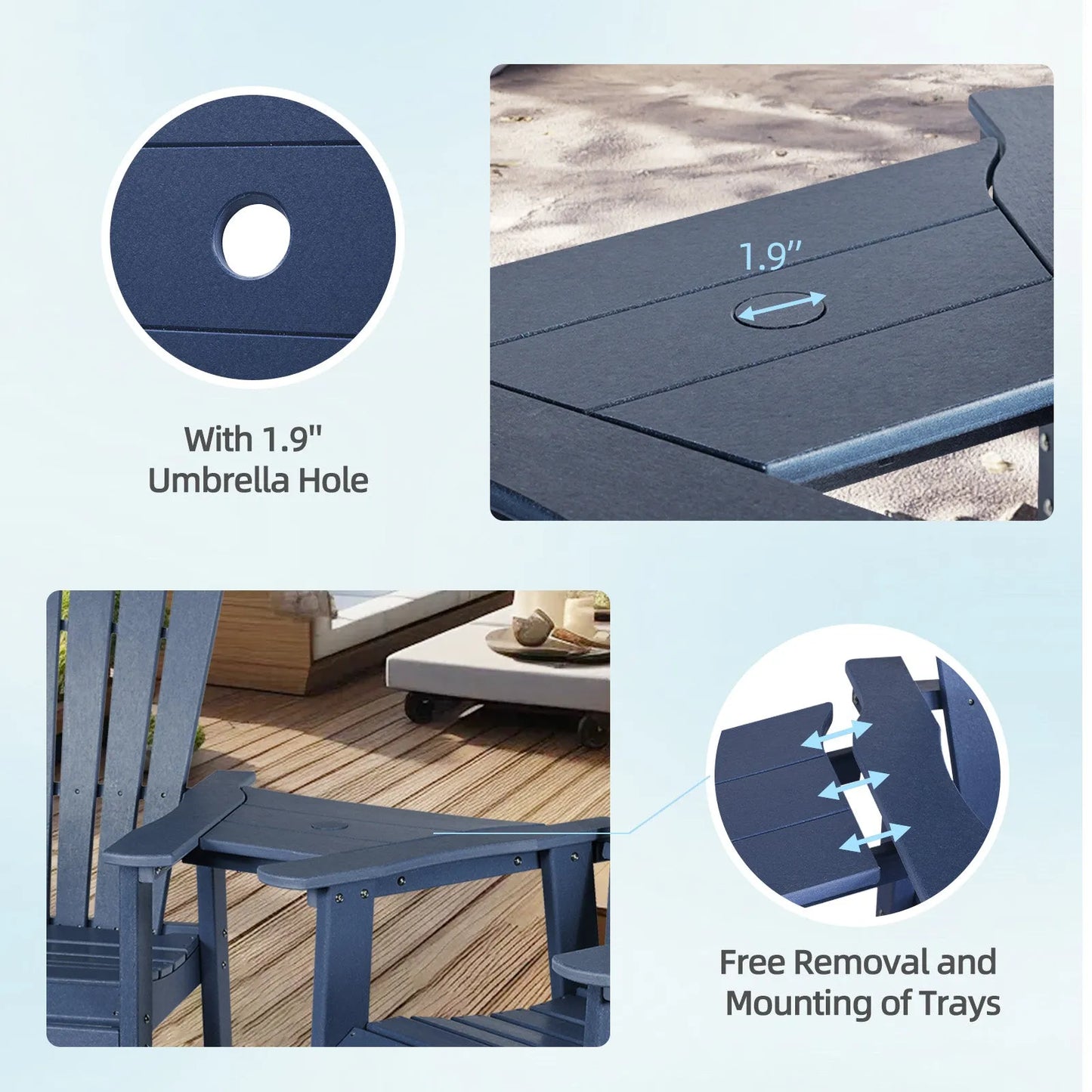 Tall Adirondack Chairs Set of 2,HDPE Patio Bar Stool with Connecting Tray Aoodor Dark Blue
