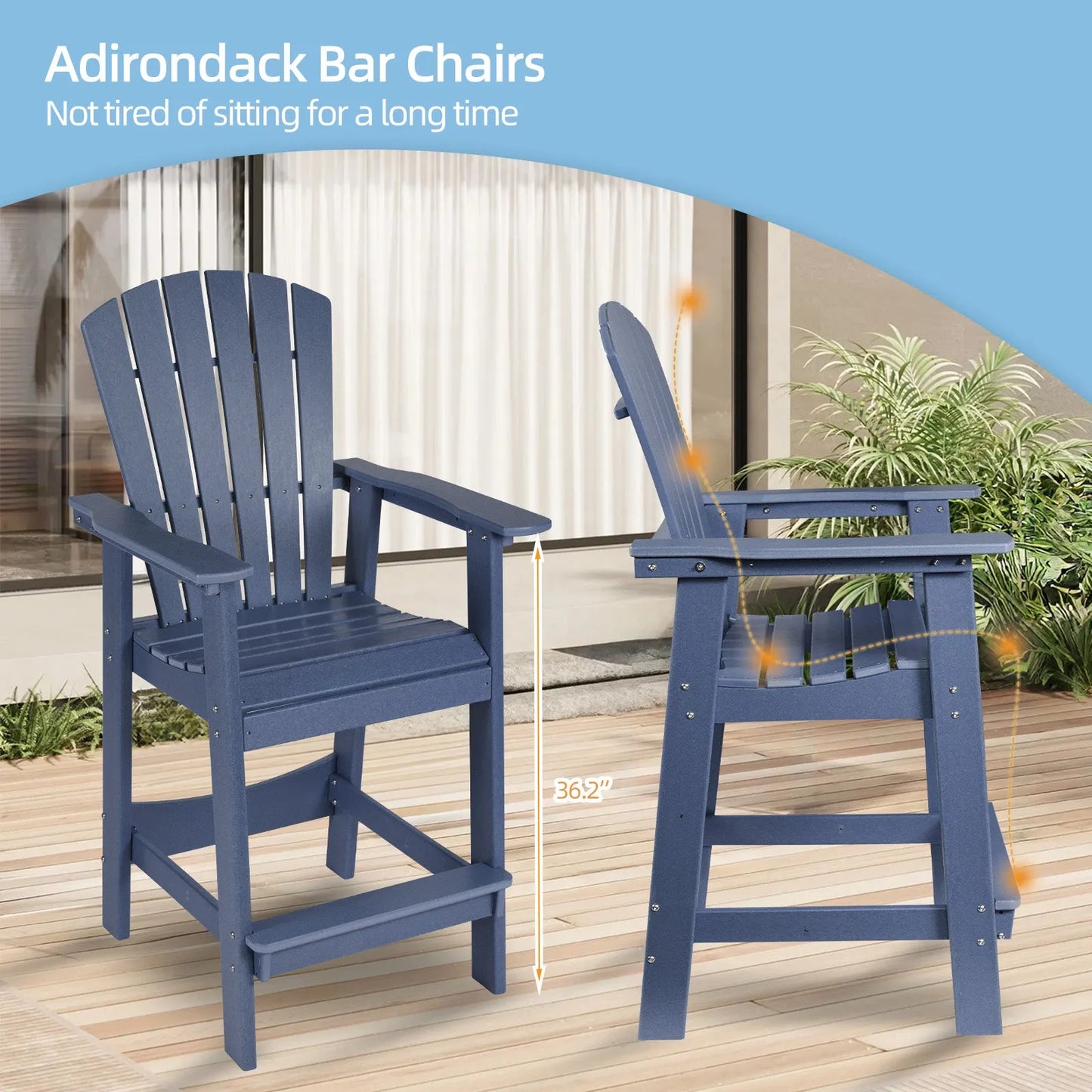 Tall Adirondack Chairs Set of 2,HDPE Patio Bar Stool with Connecting Tray Aoodor Dark Blue Adirondack Bar Chairs
