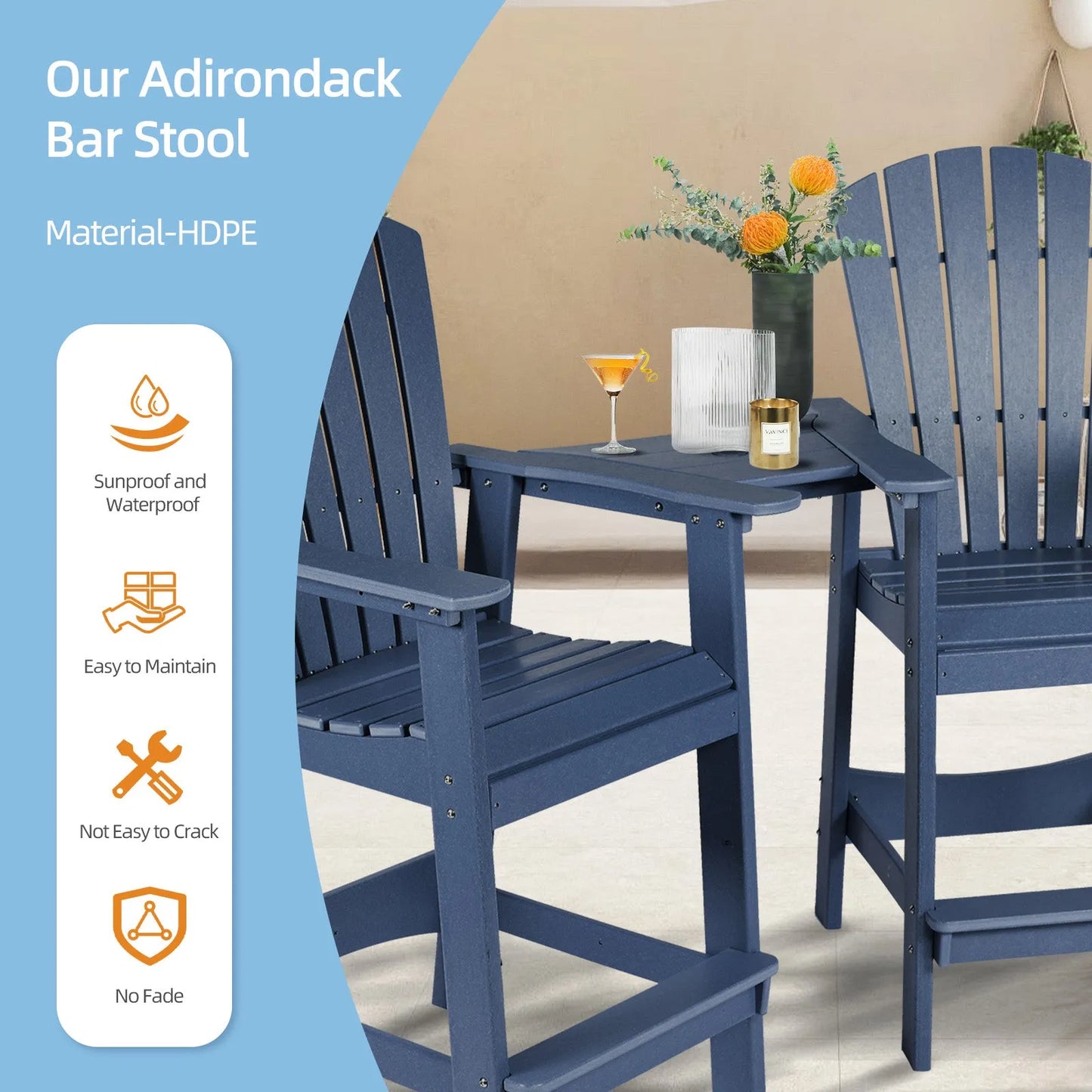 Tall Adirondack Chairs Set of 2,HDPE Patio Bar Stool with Connecting Tray Aoodor Dark Blue